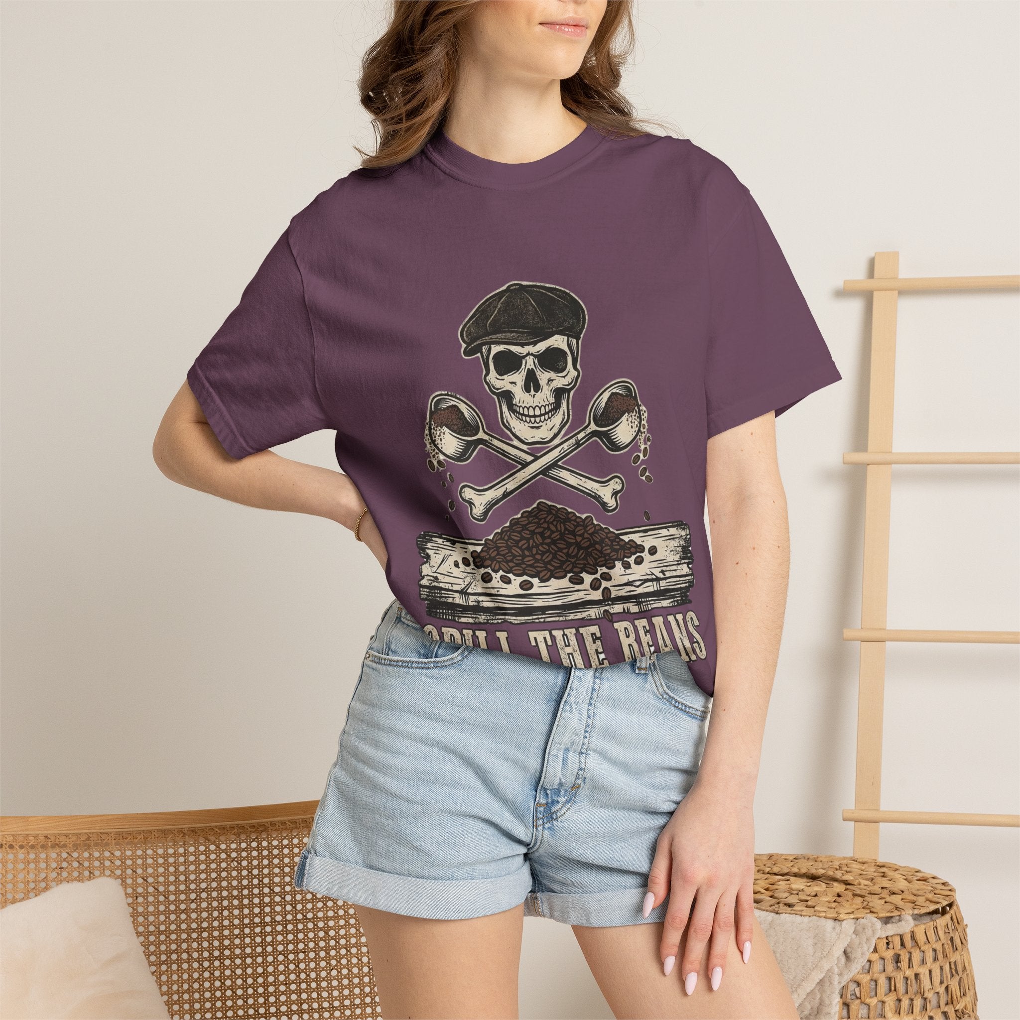 Skull & Spoons Coffee T-Shirt — "Spill the Beans" Vintage Café Tee