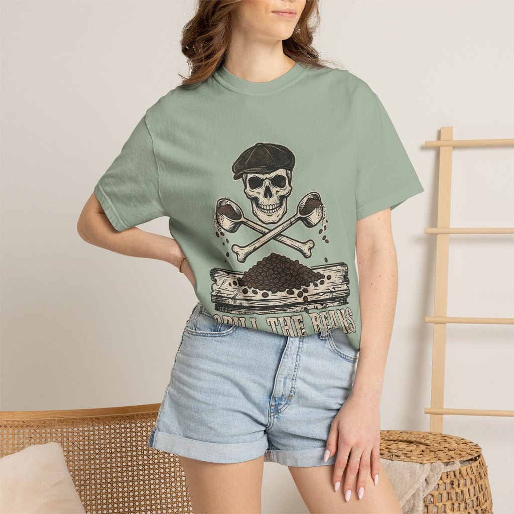 Skull & Spoons Coffee T-Shirt — "Spill the Beans" Vintage Café Tee