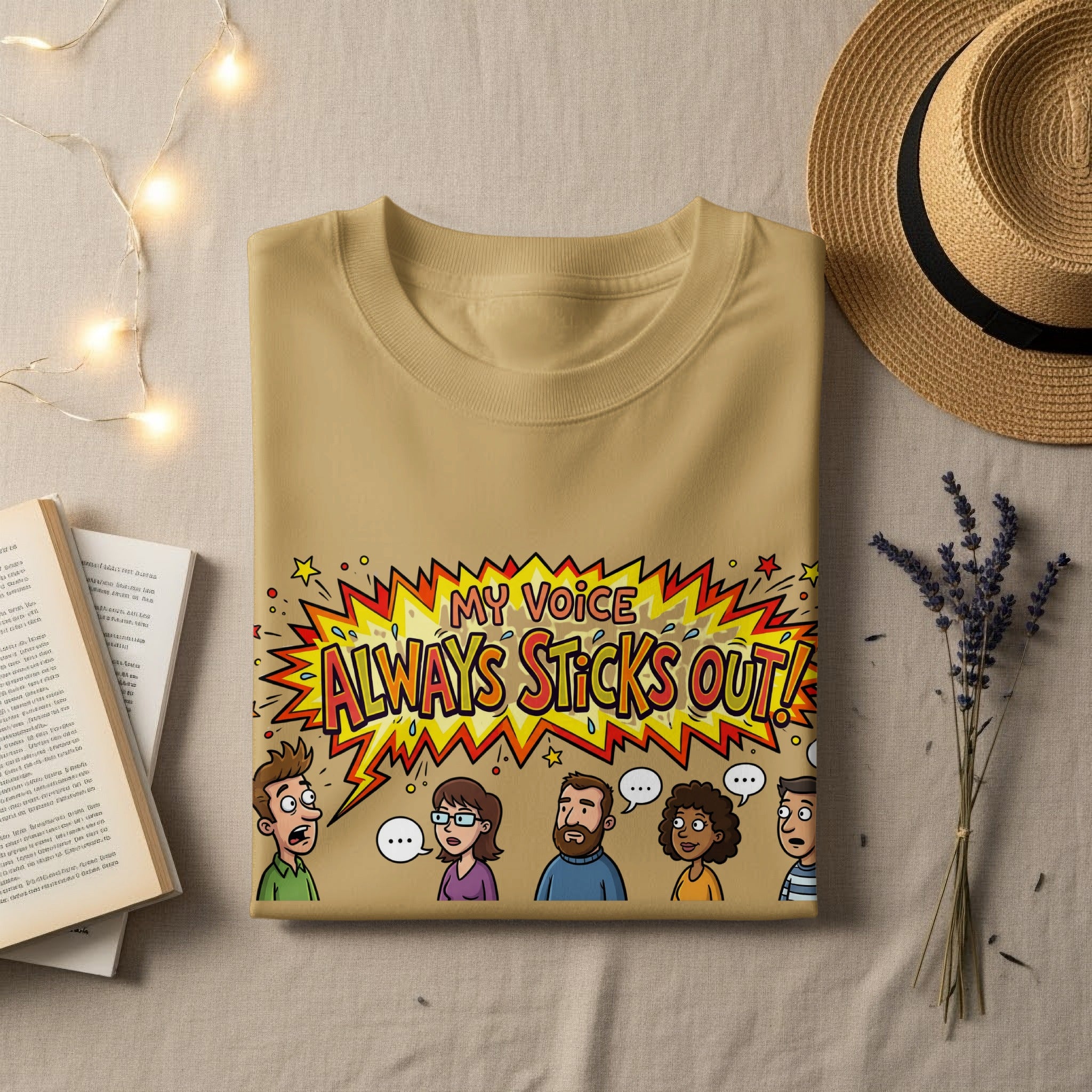Tan t-shirt with "MY VOICE ALWAYS STICKS OUT!" graphic.