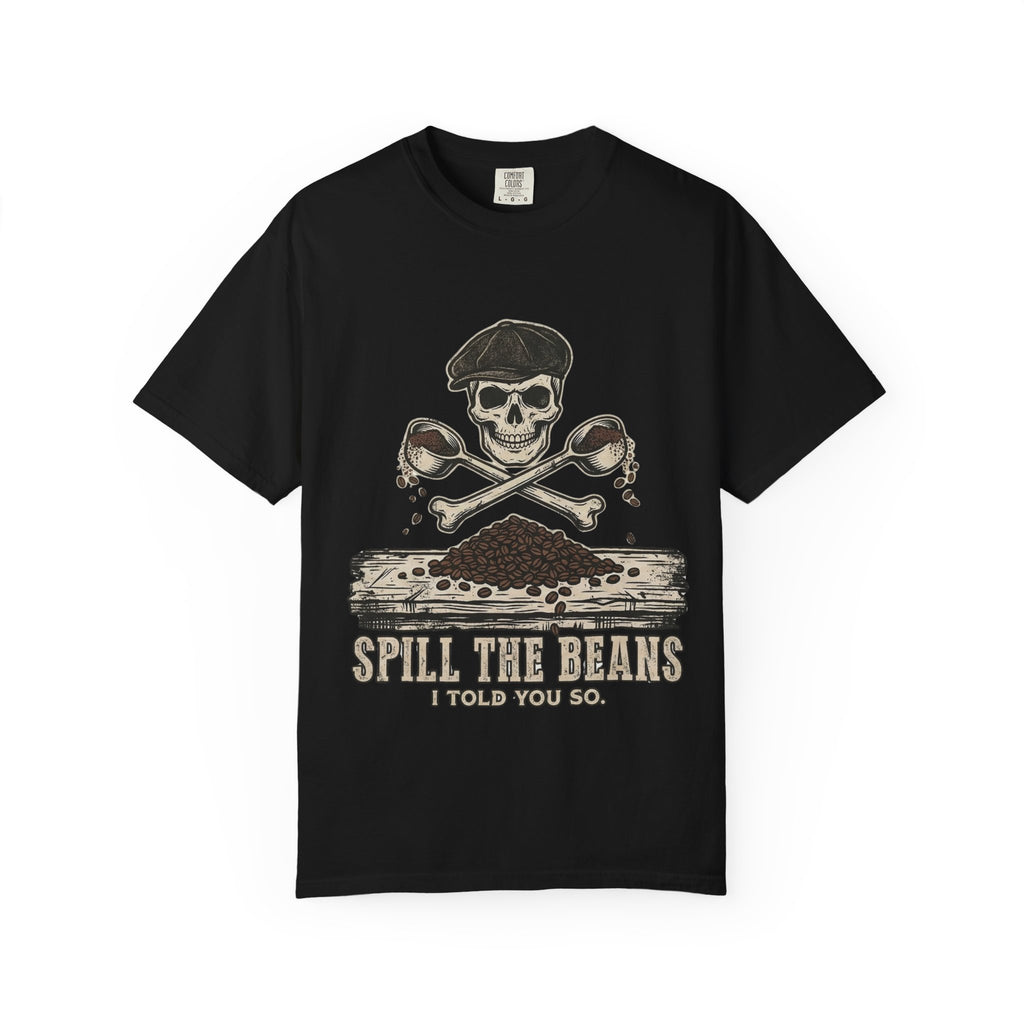 Skull & Spoons Coffee T-Shirt — "Spill the Beans" Vintage Café Tee