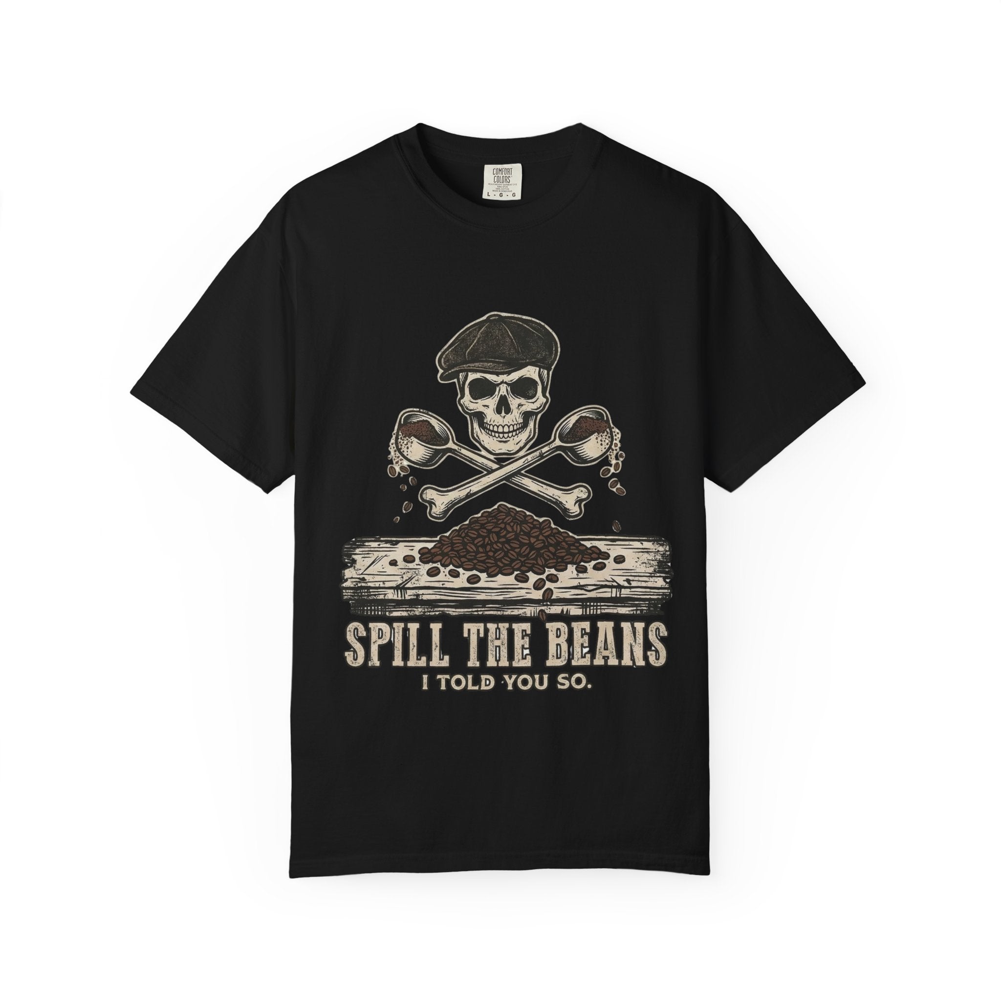 Skull & Spoons Coffee T-Shirt — "Spill the Beans" Vintage Café Tee