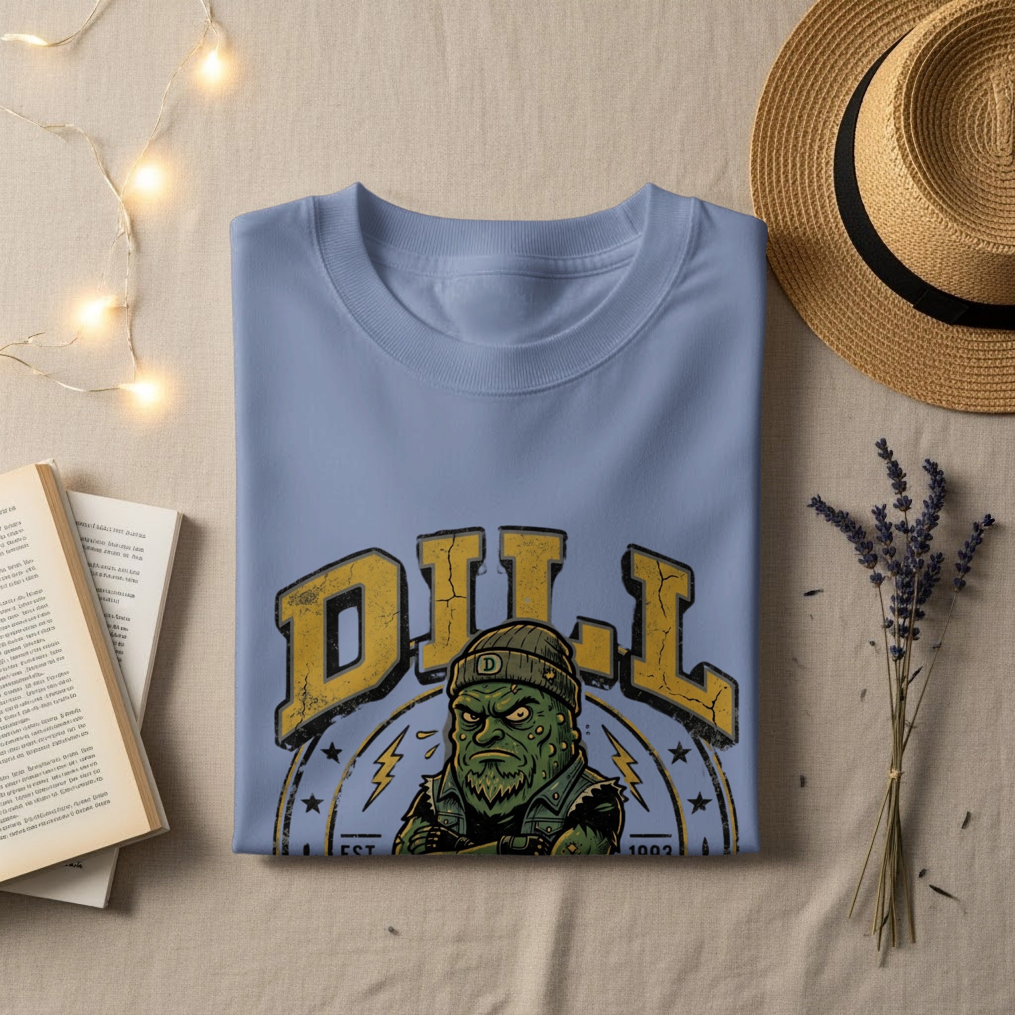 Light blue t-shirt with distressed "DILL" logo featuring a cartoon pickle character.