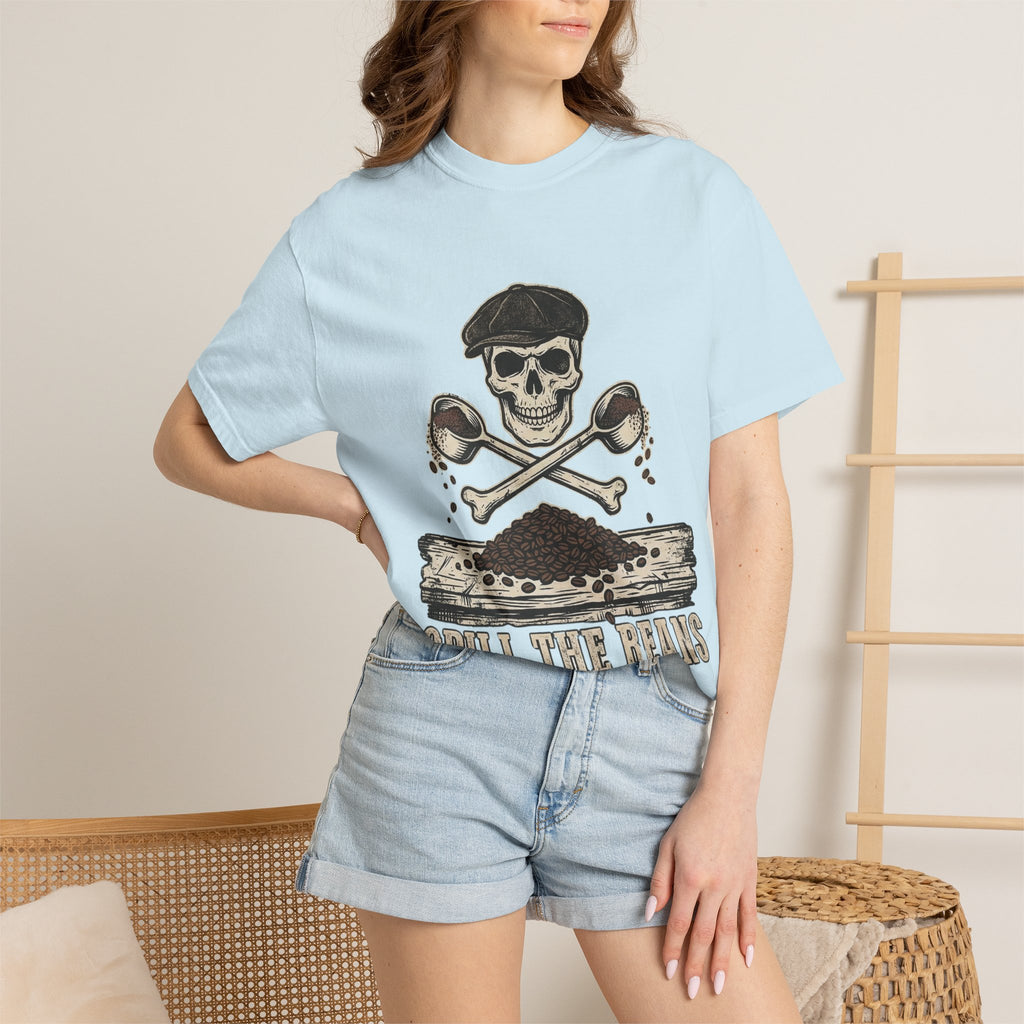 Skull & Spoons Coffee T-Shirt — "Spill the Beans" Vintage Café Tee