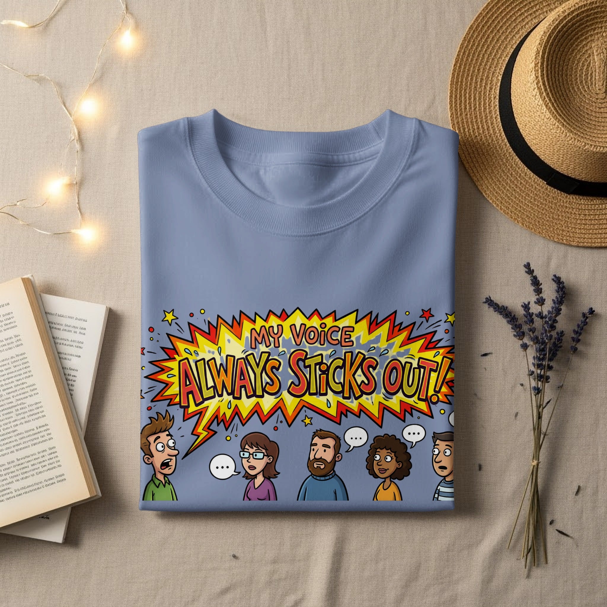 Light blue t-shirt with "My Voice Always Sticks Out!" comic graphic.