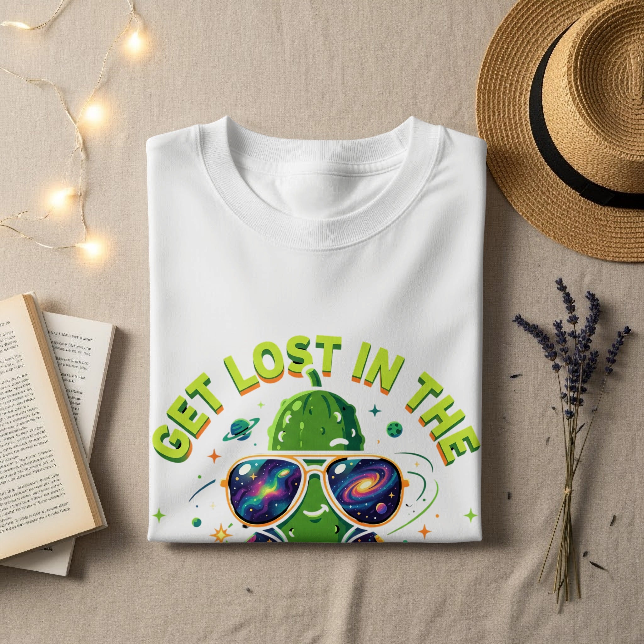 White t-shirt with "GET LOST IN THE" and a galaxy-themed pickle wearing sunglasses.