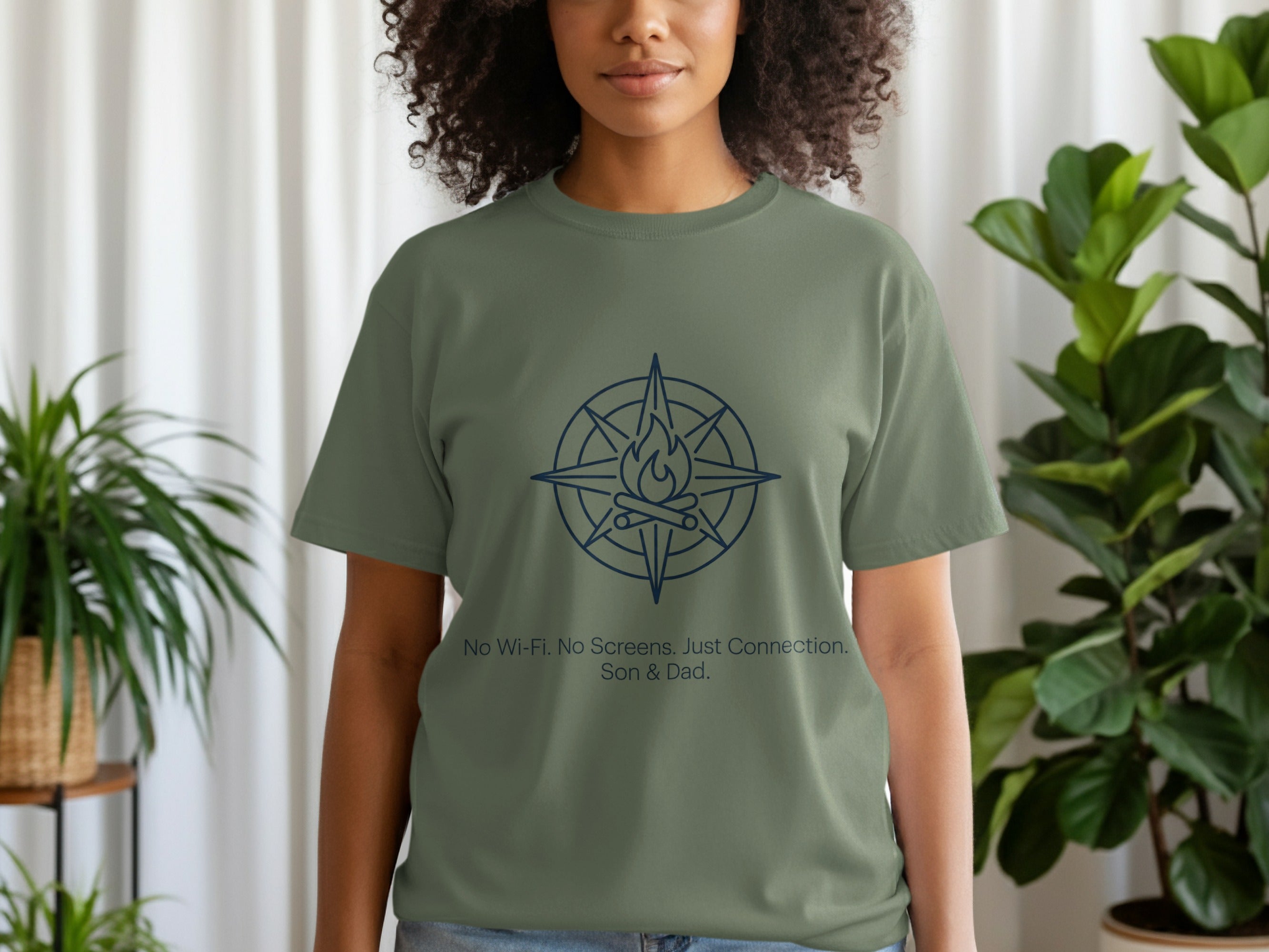 Green t-shirt with compass design and text "No Wi-Fi. No Screens. Just Connection. Son & Dad."