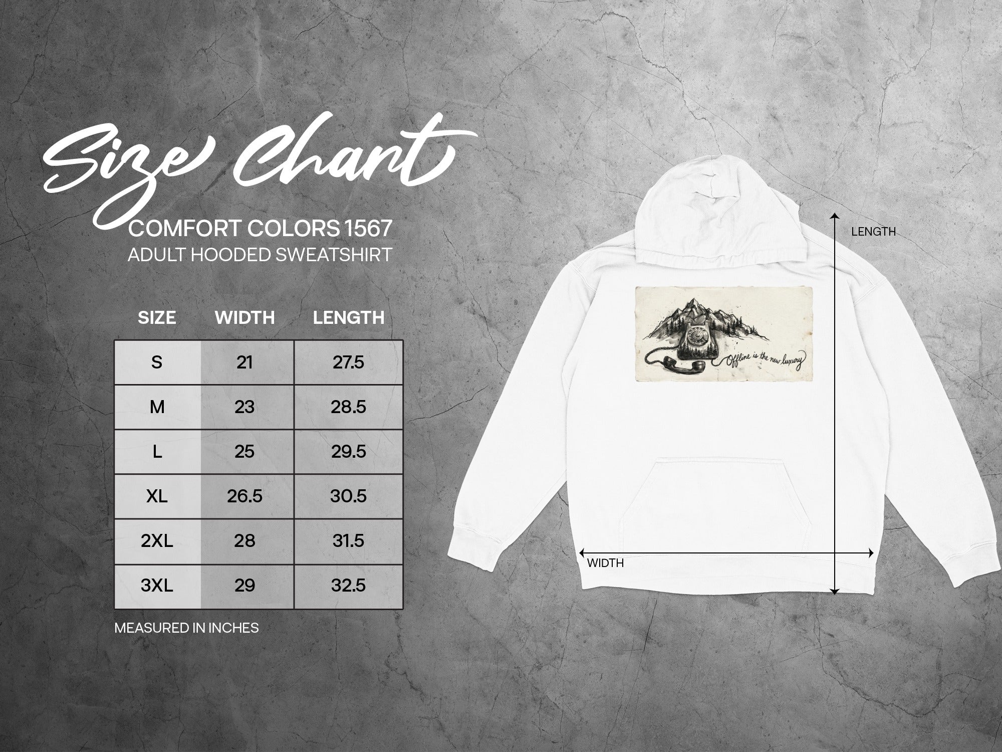 Comfort Colors 1567 adult hooded sweatshirt size chart with measurements.