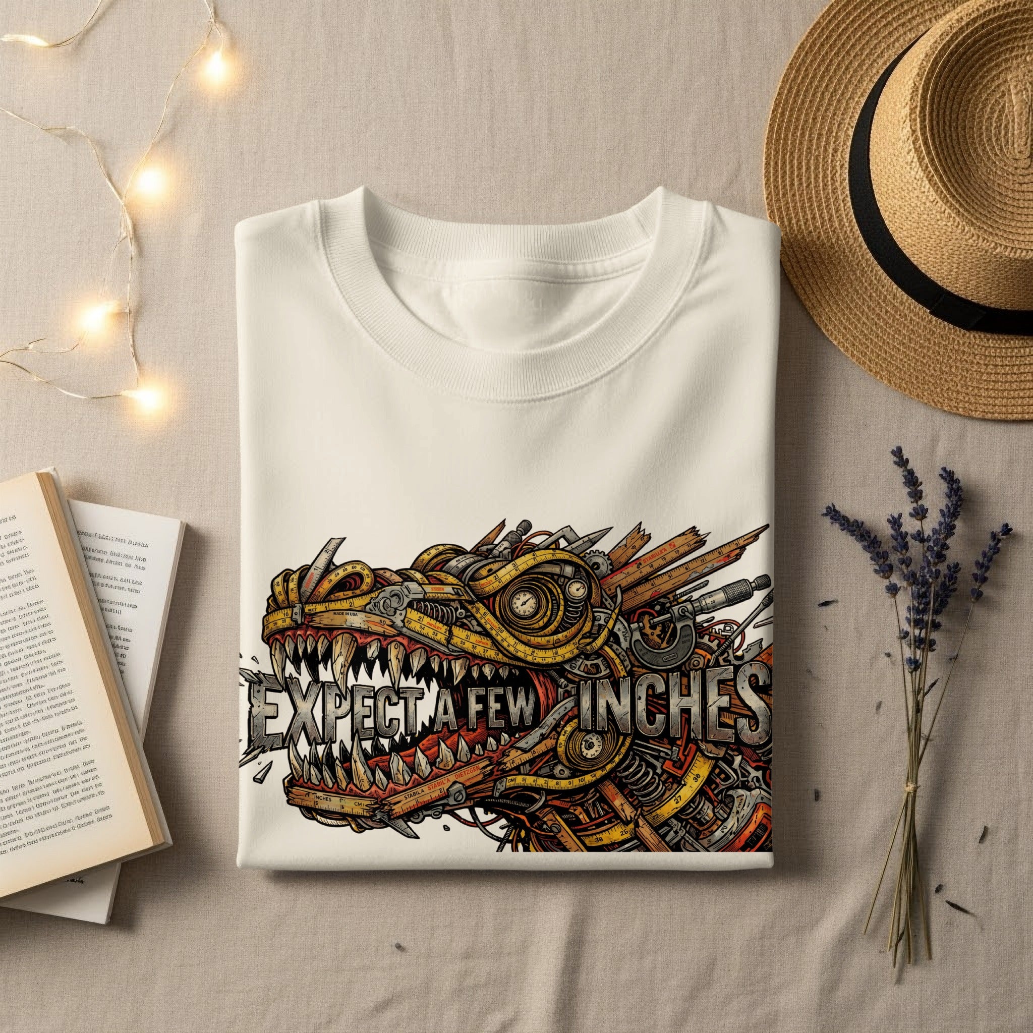 White t-shirt featuring a robotic dragon's head graphic with "EXPECT A FEW INCHES" text.