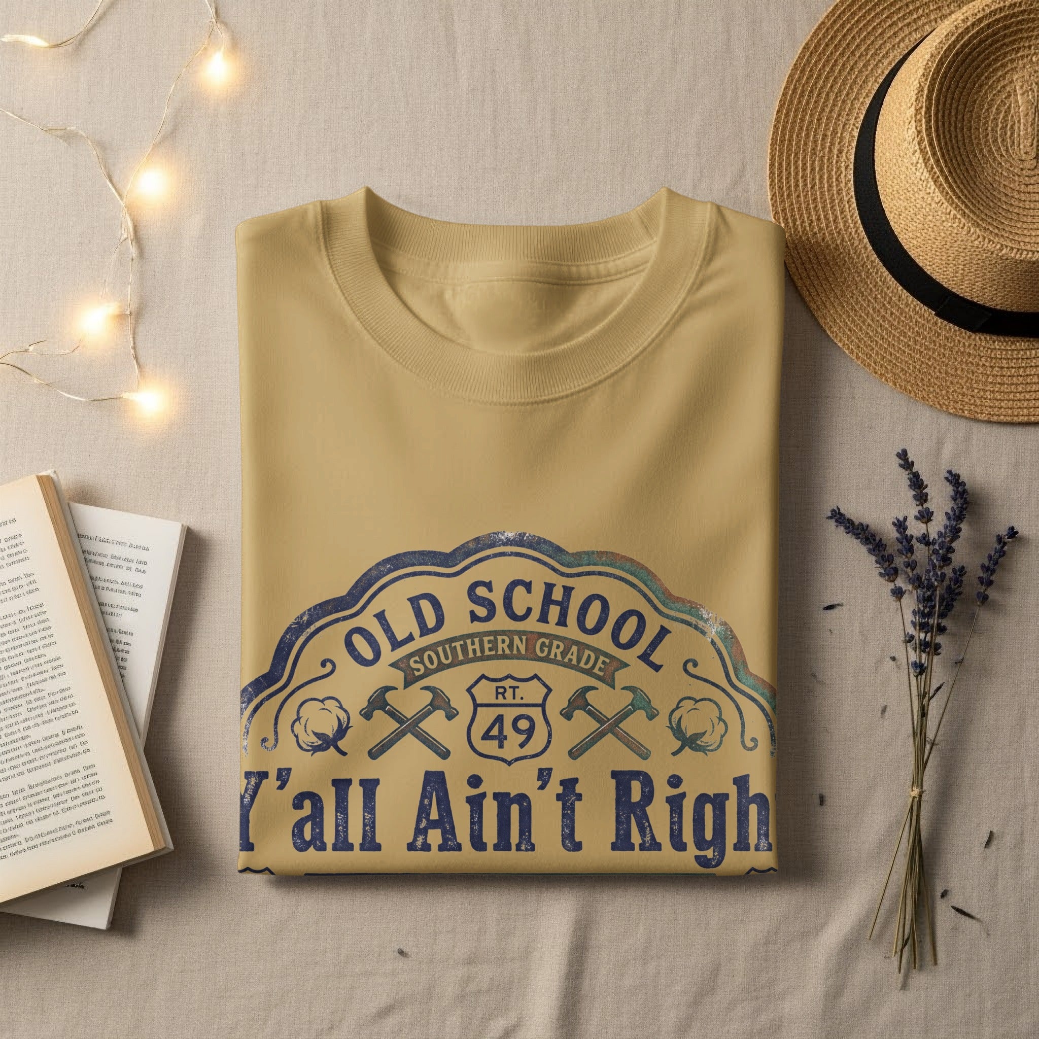 Tan t-shirt with "Old School Southern Grade 'Y'all Ain't Right'" graphic.