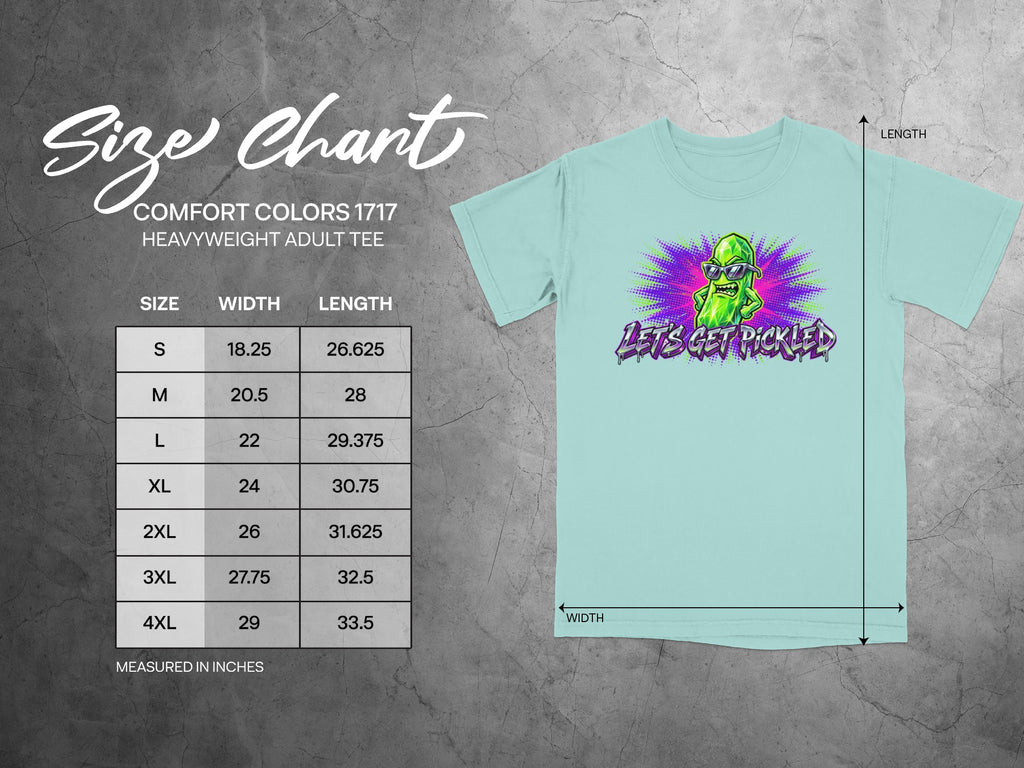 Size chart for Comfort Colors 1717 heavyweight adult tee, with sizes S-4XL.