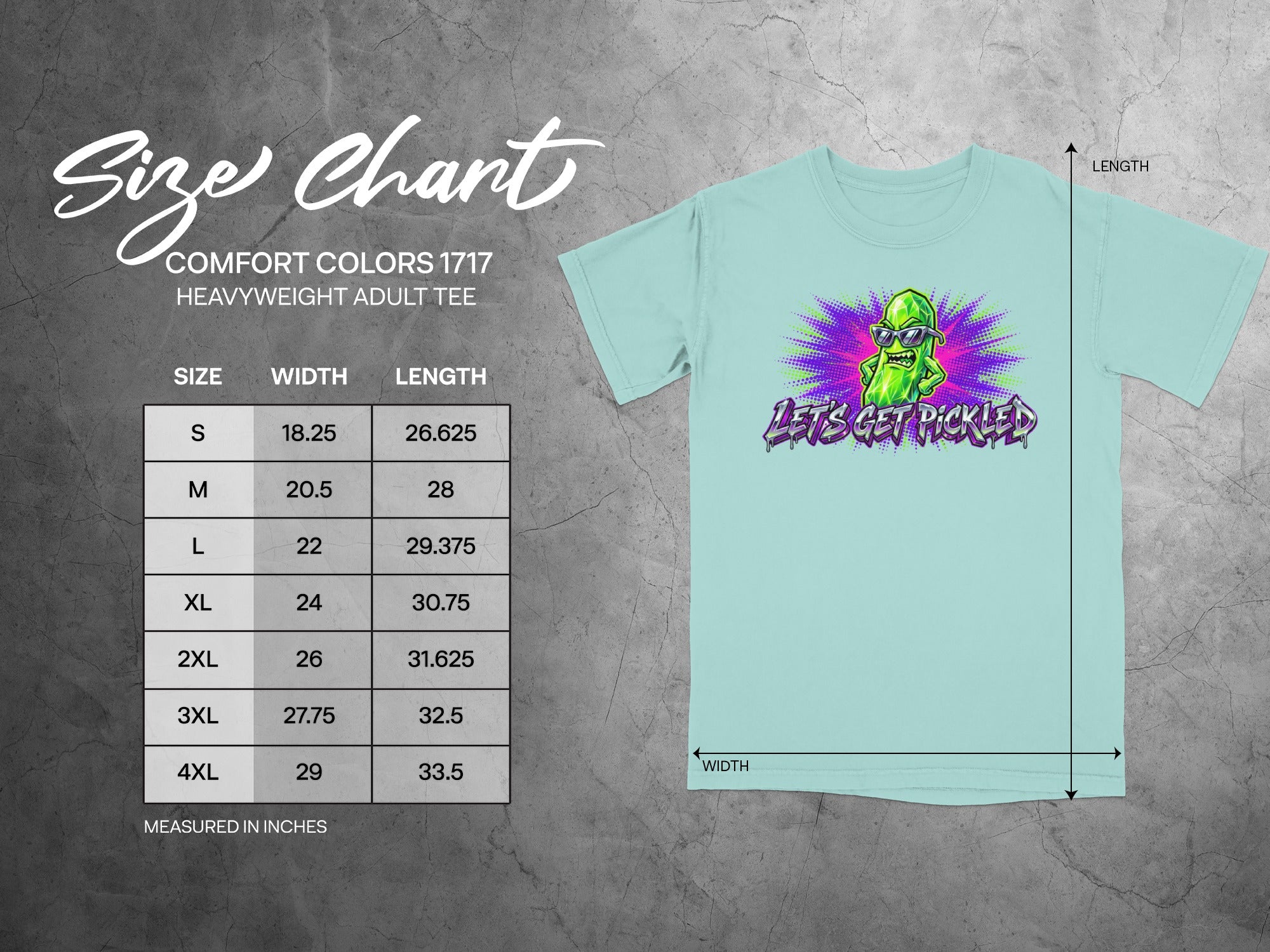 Size chart for Comfort Colors 1717 heavyweight adult tee, with sizes S-4XL.