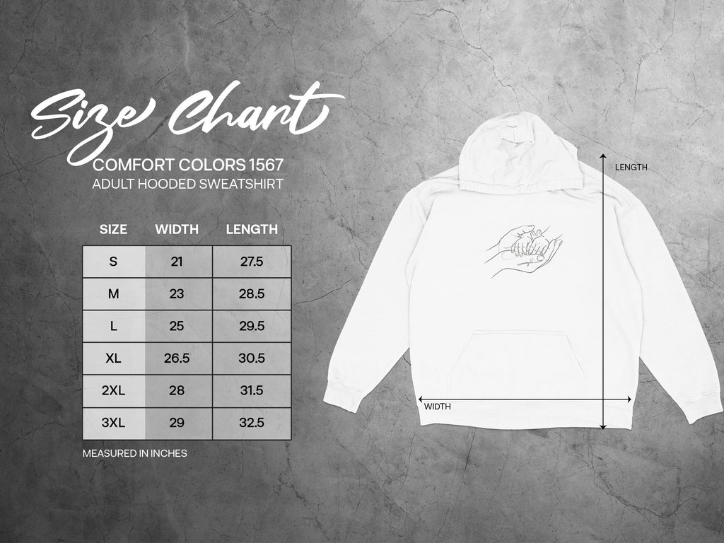 Comfort Colors 1567 adult hooded sweatshirt size chart with width and length measurements.