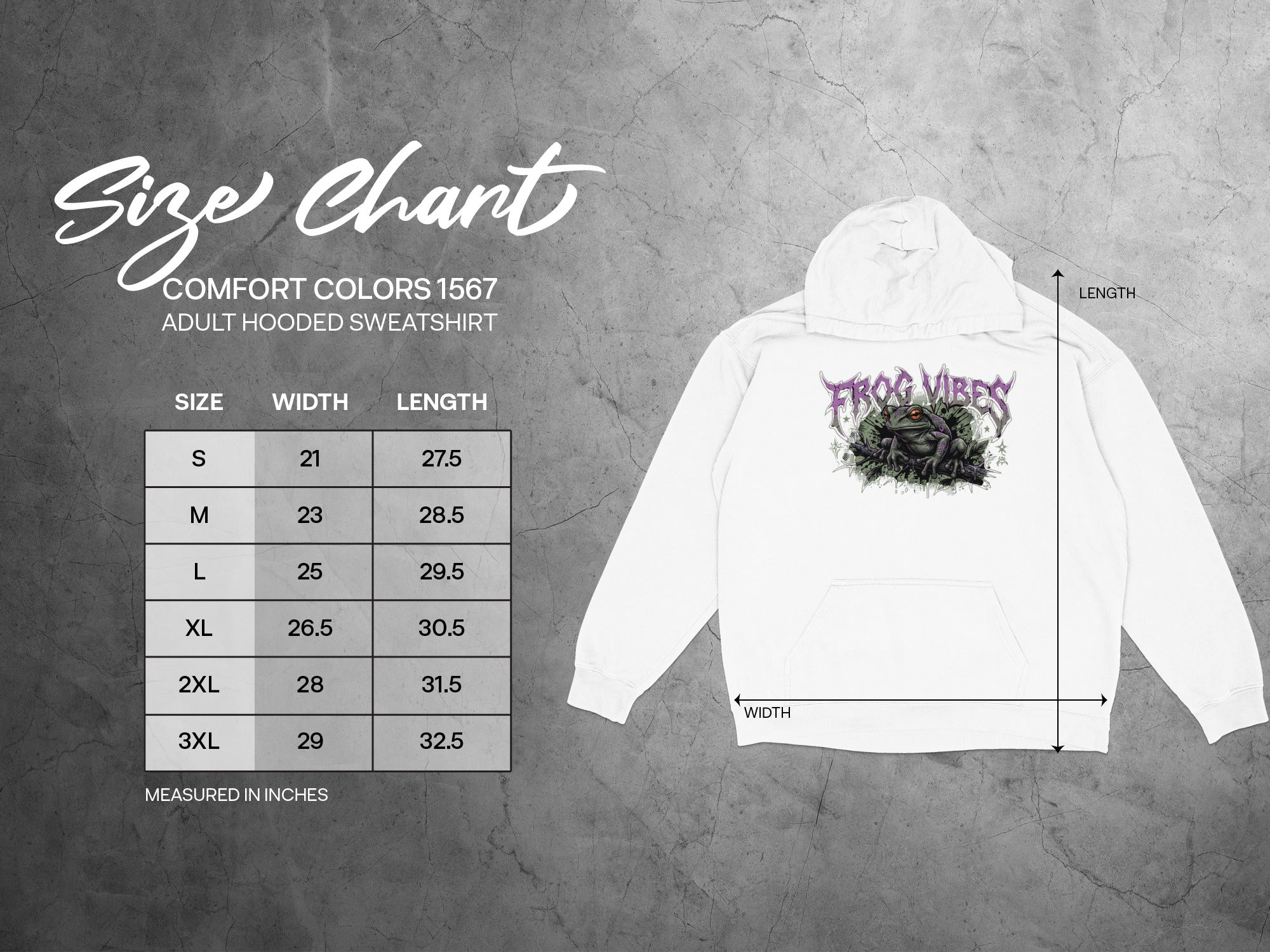 Comfort Colors 1567 adult hooded sweatshirt size chart with dimensions.