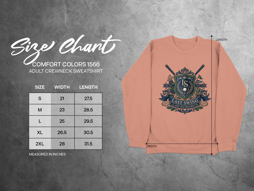 Size chart for Comfort Colors 1566 adult crewneck sweatshirt.