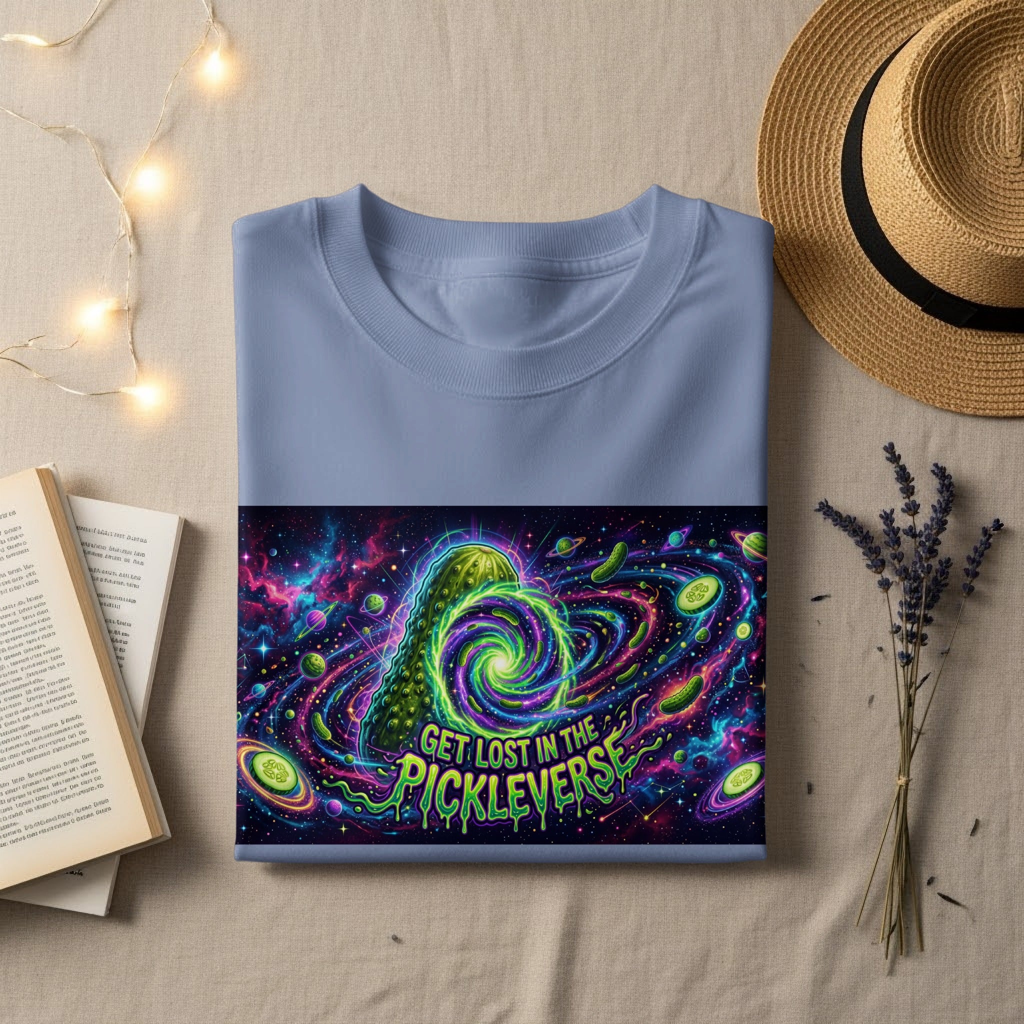 Blue t-shirt with "Get Lost in the Pickleverse" graphic featuring a pickle in space.