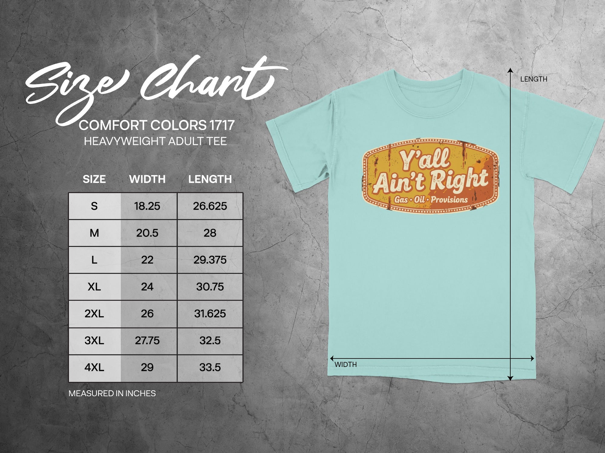 Size chart for Comfort Colors 1717 heavyweight adult tee with dimensions.