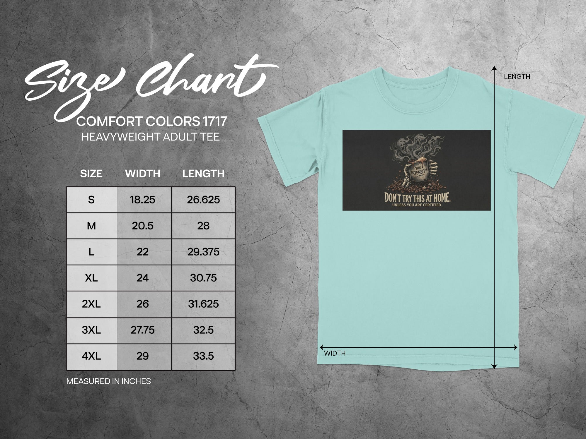 Comfort Colors 1717 heavyweight adult t-shirt size chart with width and length measurements.