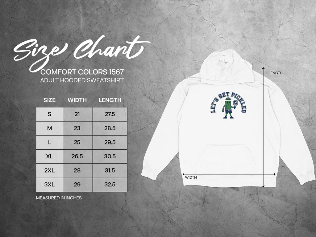 Comfort Colors 1567 adult hooded sweatshirt size chart with measurements.