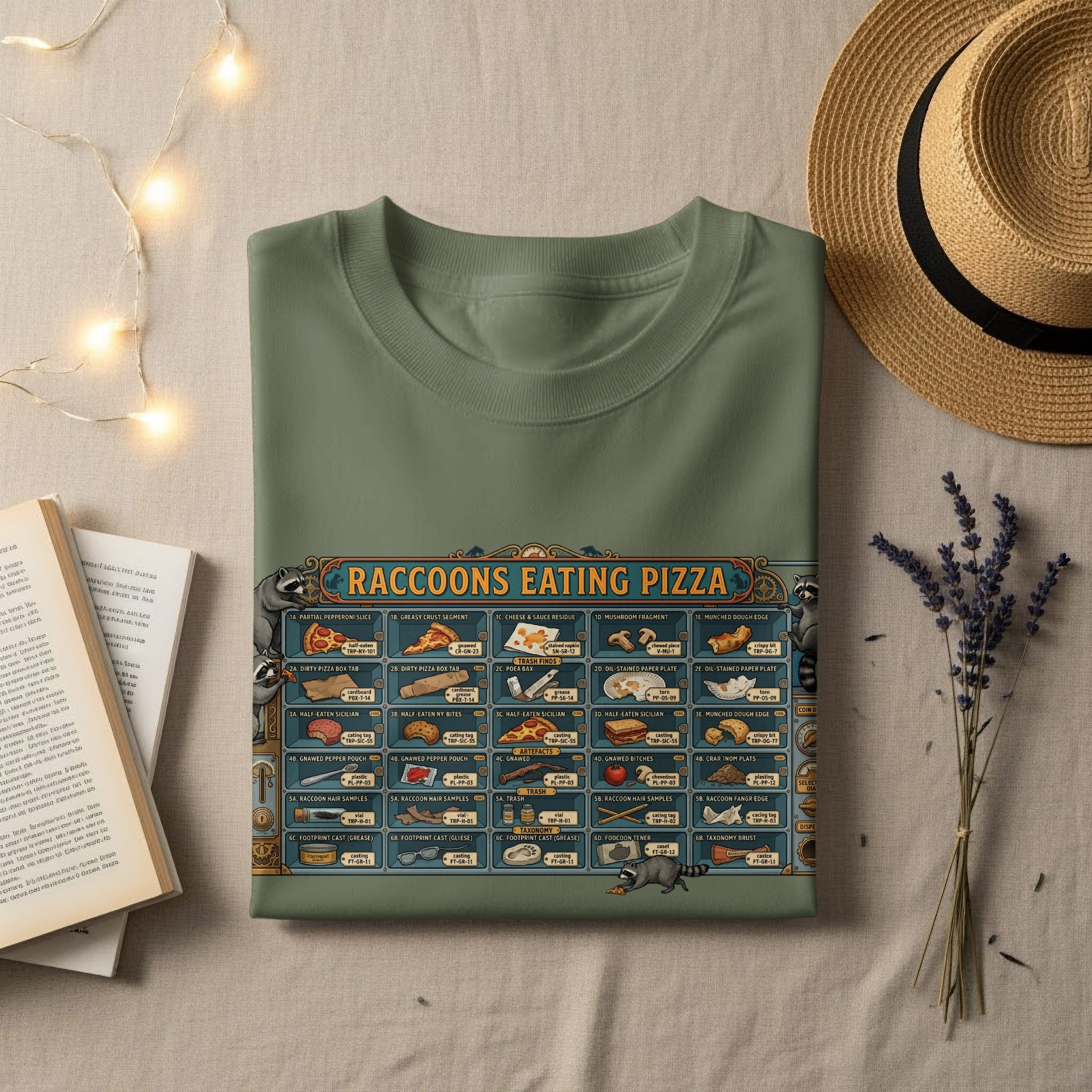 Olive green t-shirt with "Raccoons Eating Pizza" graphic, showing pizza scraps and raccoon evidence.