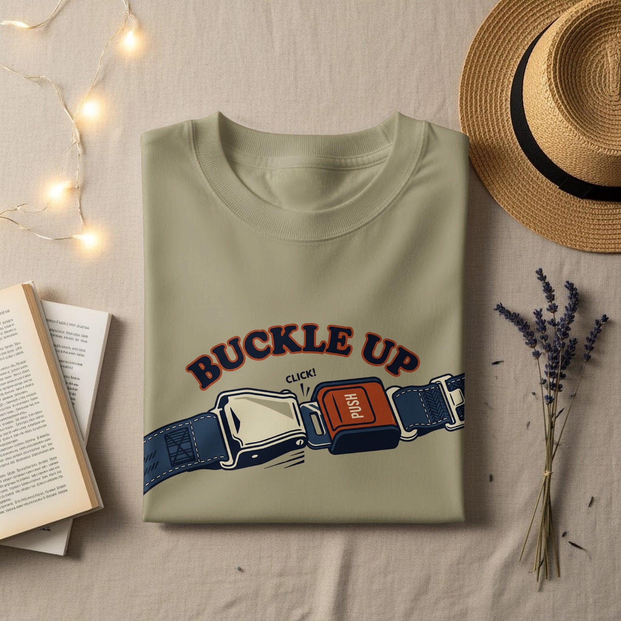 T-shirt with "BUCKLE UP" and "CLICK!" text over a seatbelt graphic.