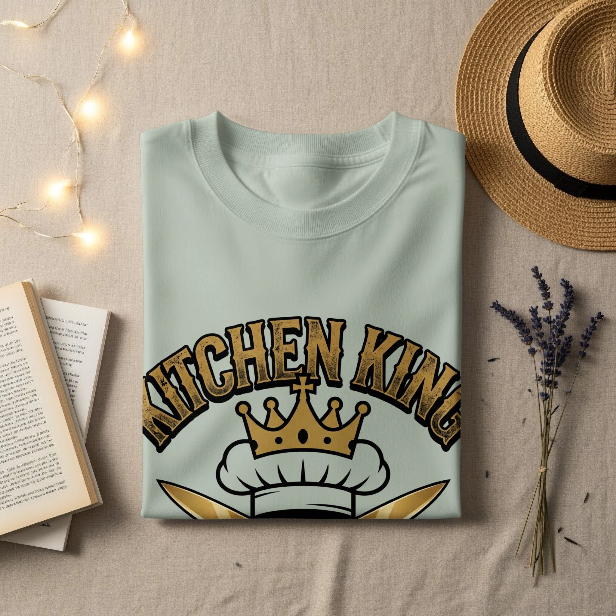 Pale mint t-shirt with "KITCHEN KING" text and chef hat graphic.