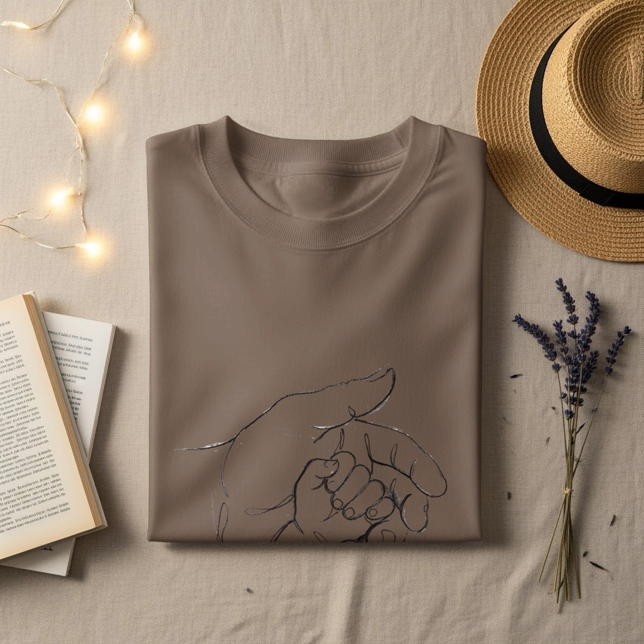 Brown t-shirt with a simple line drawing of an adult hand holding a baby's hand.