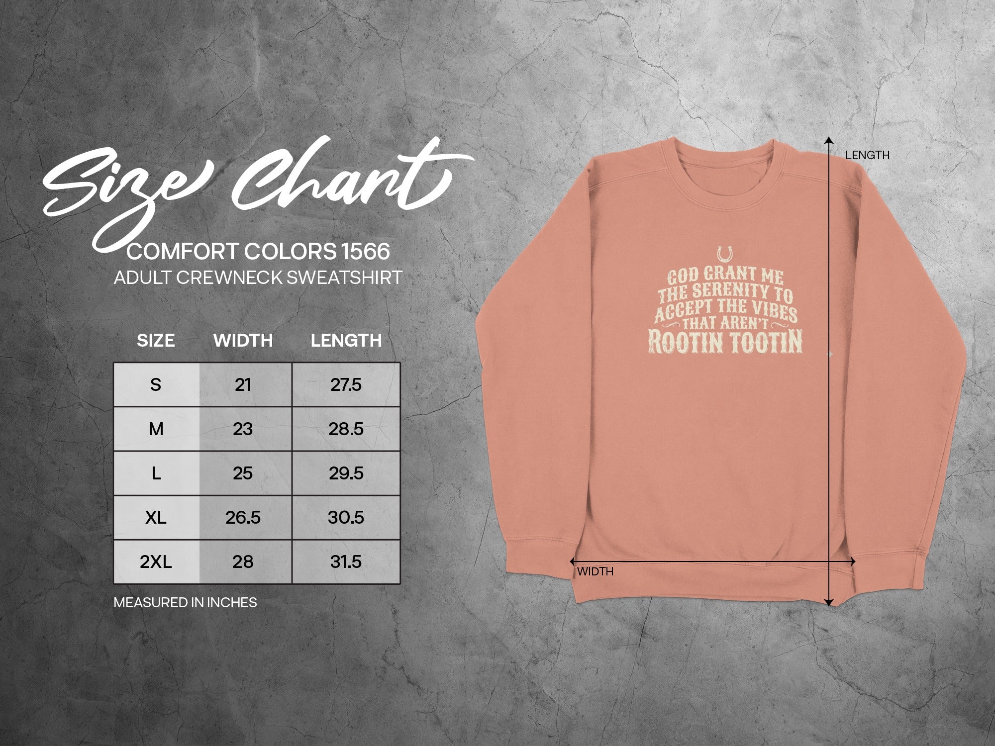 Crewneck sweatshirt size chart with width and length measurements in inches.