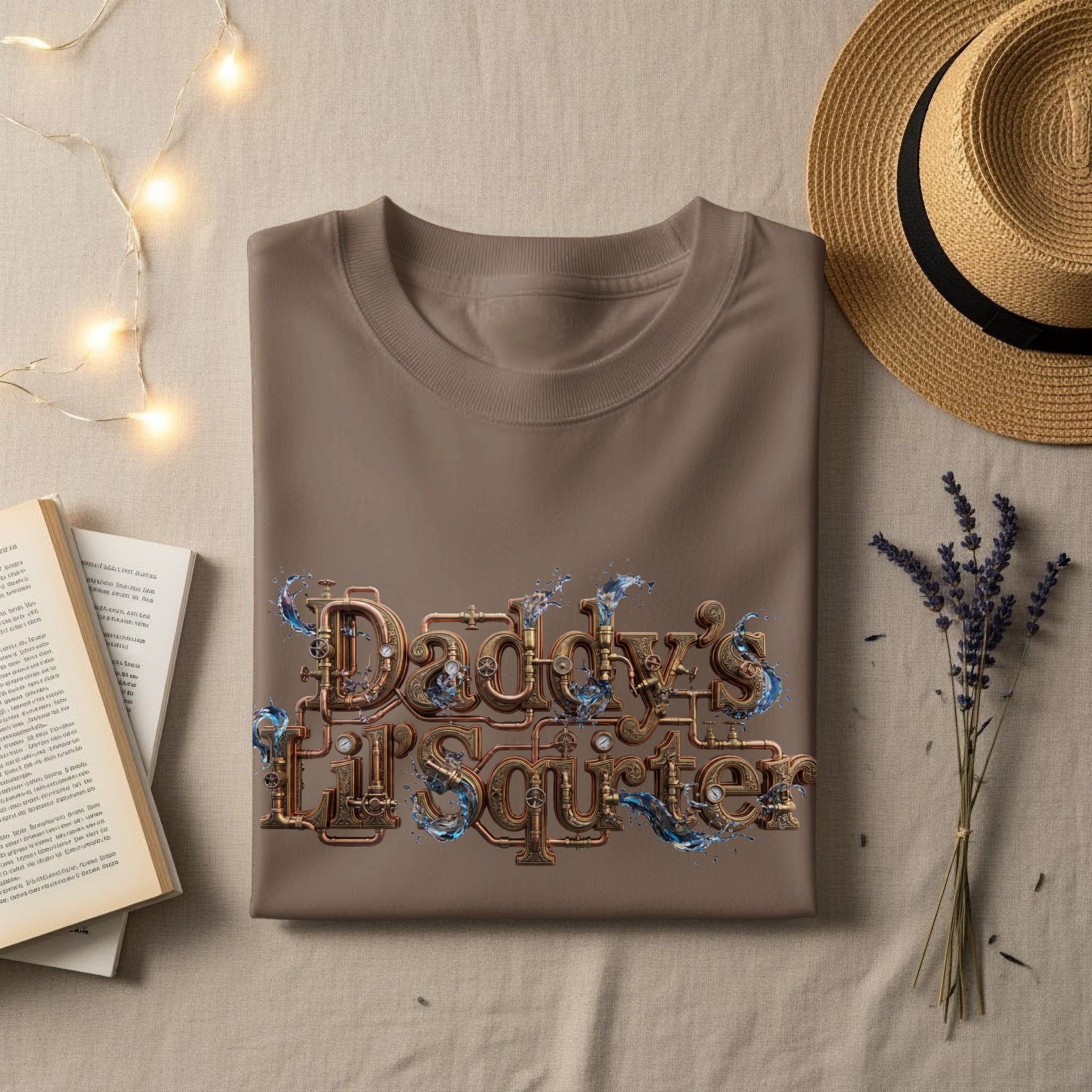 Brown t-shirt with "Daddy's Li'l Squirter" text and water splash graphic.