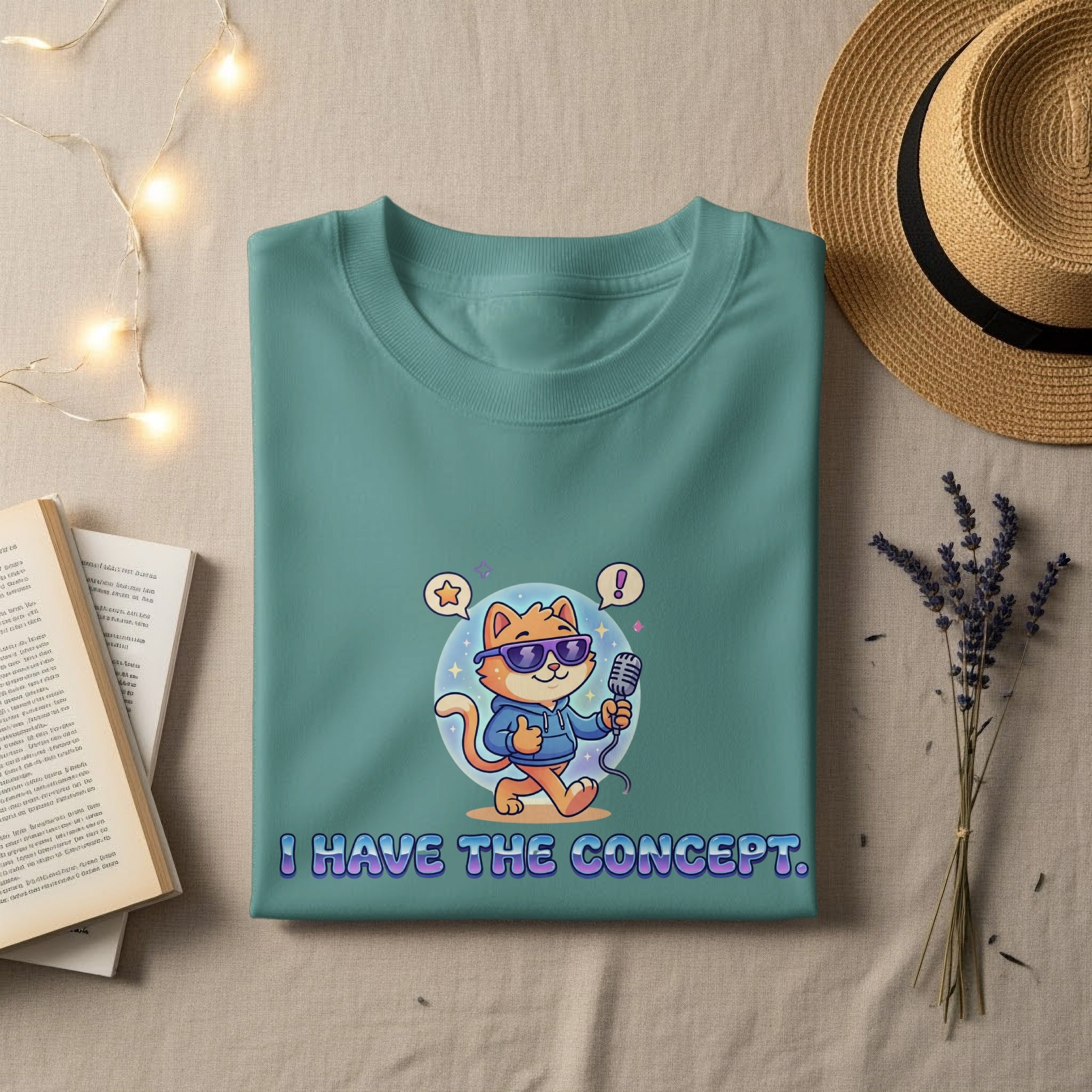 Teal t-shirt with cartoon cat holding microphone, "I HAVE THE CONCEPT." text.