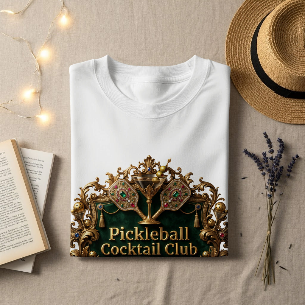 White t-shirt with "Pickleball Cocktail Club" text and ornate gold pickleball paddles.