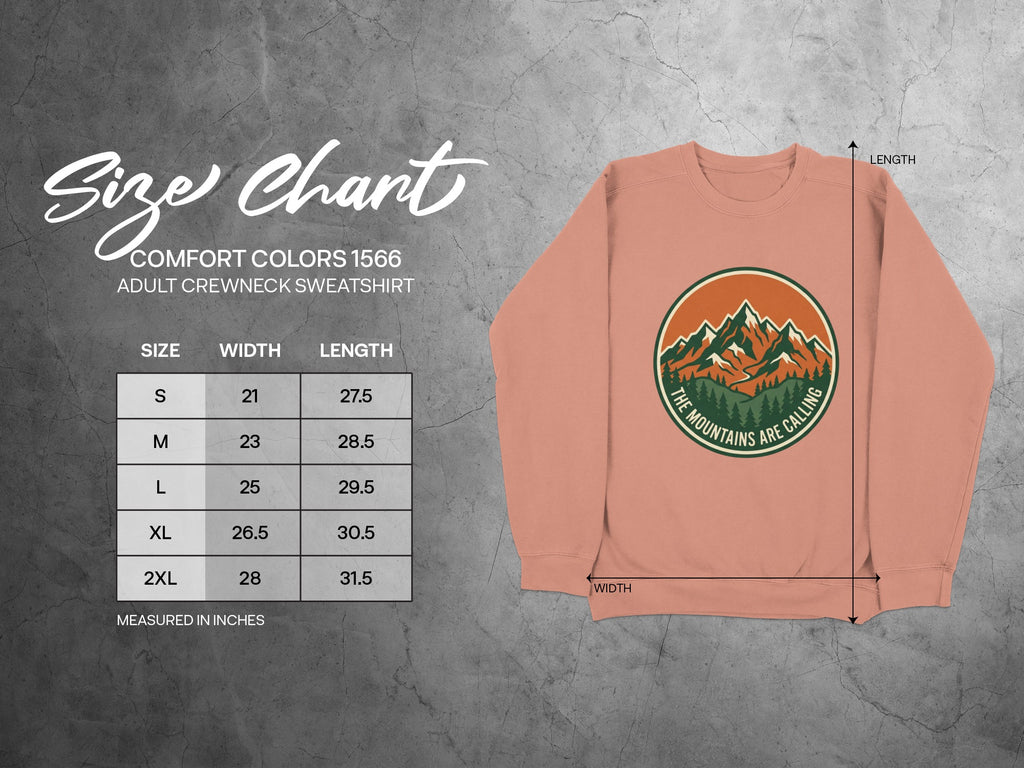 Size chart for Comfort Colors 1566 adult crewneck sweatshirt.