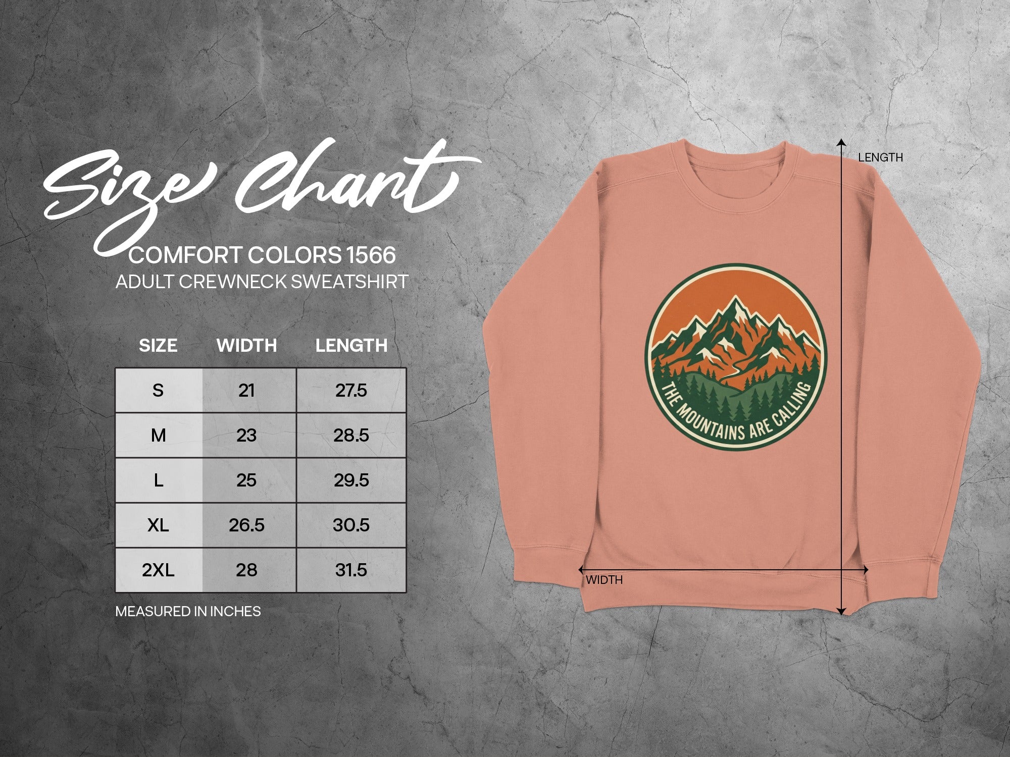 Size chart for Comfort Colors 1566 adult crewneck sweatshirt.