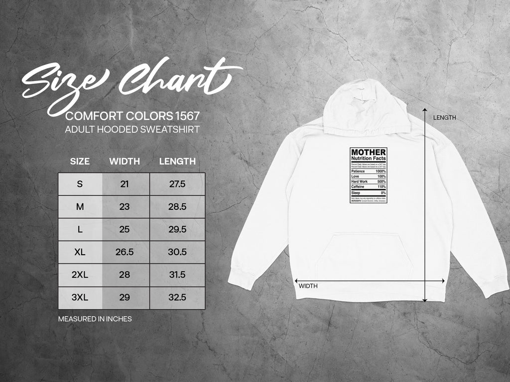 Comfort Colors 1567 adult hooded sweatshirt size chart with nutritional facts.