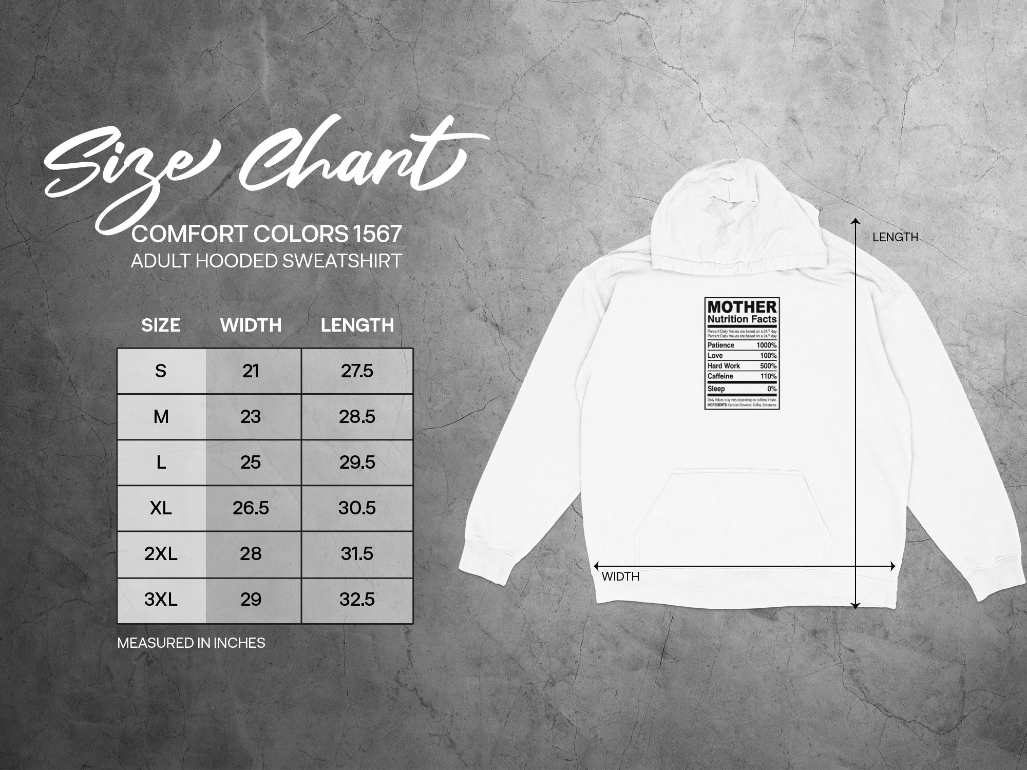 Comfort Colors 1567 adult hooded sweatshirt size chart with nutritional facts.