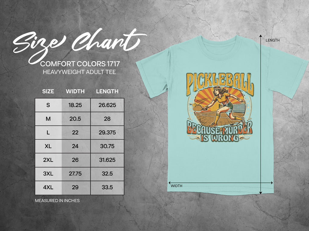 Size chart for Comfort Colors 1717 heavyweight adult tee with pickleball graphic.