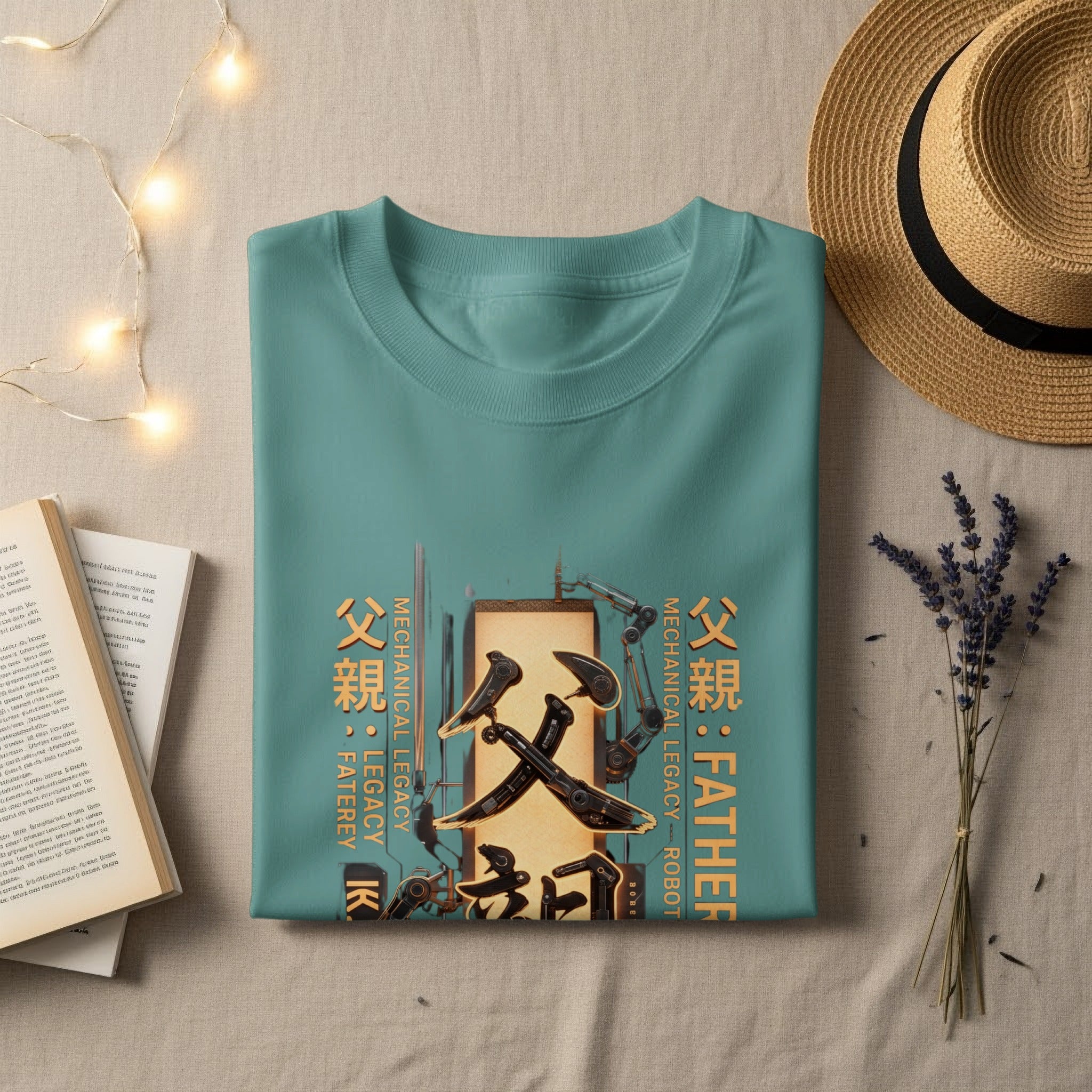 Turquoise t-shirt with Japanese characters and "Father Mechanical Legacy Robot" text.