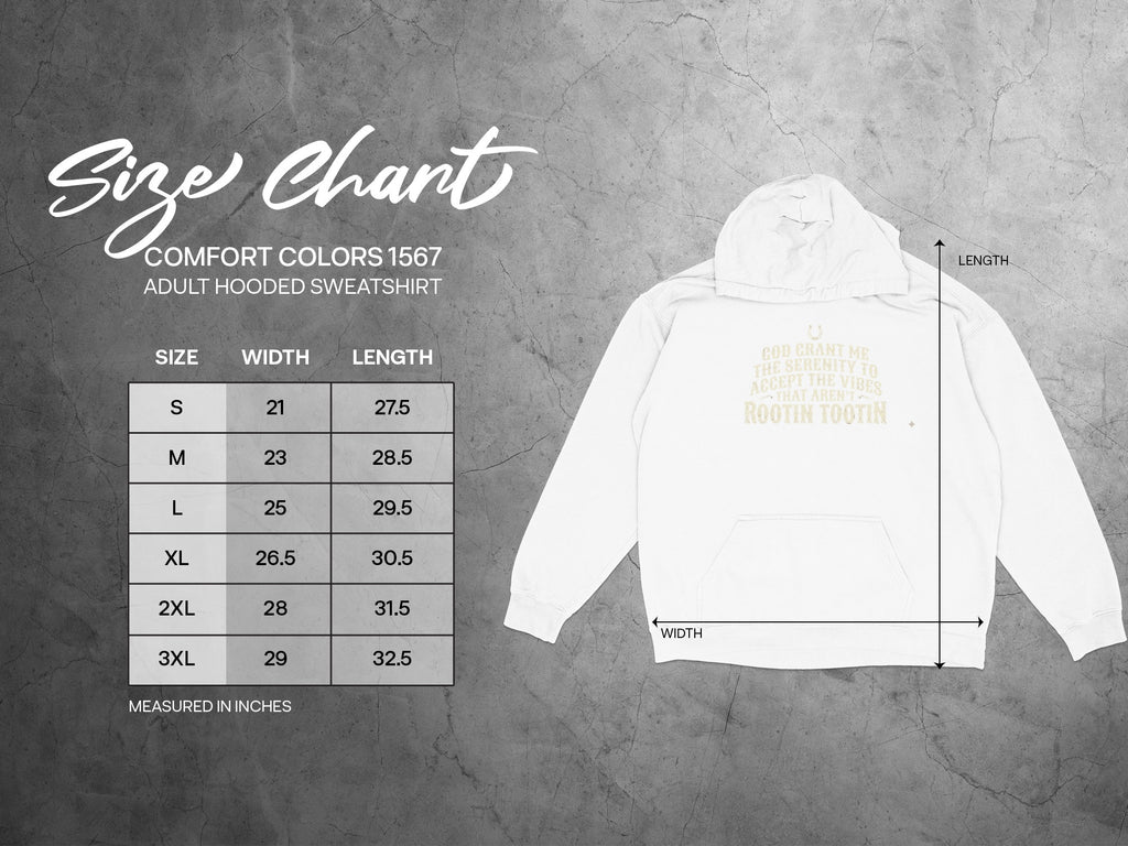 Comfort Colors 1567 adult hooded sweatshirt size chart with width and length measurements.
