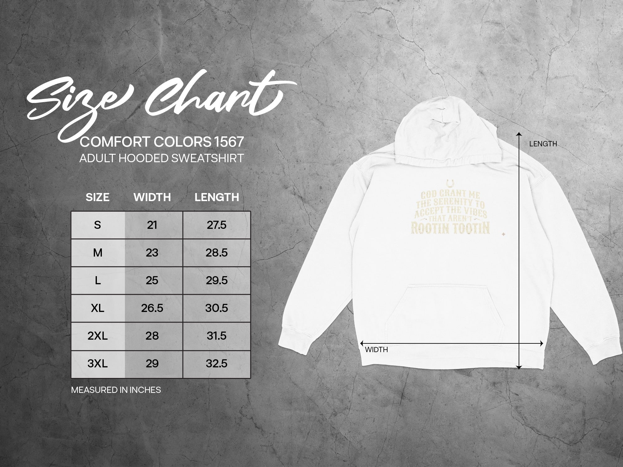 Comfort Colors 1567 adult hooded sweatshirt size chart with width and length measurements.
