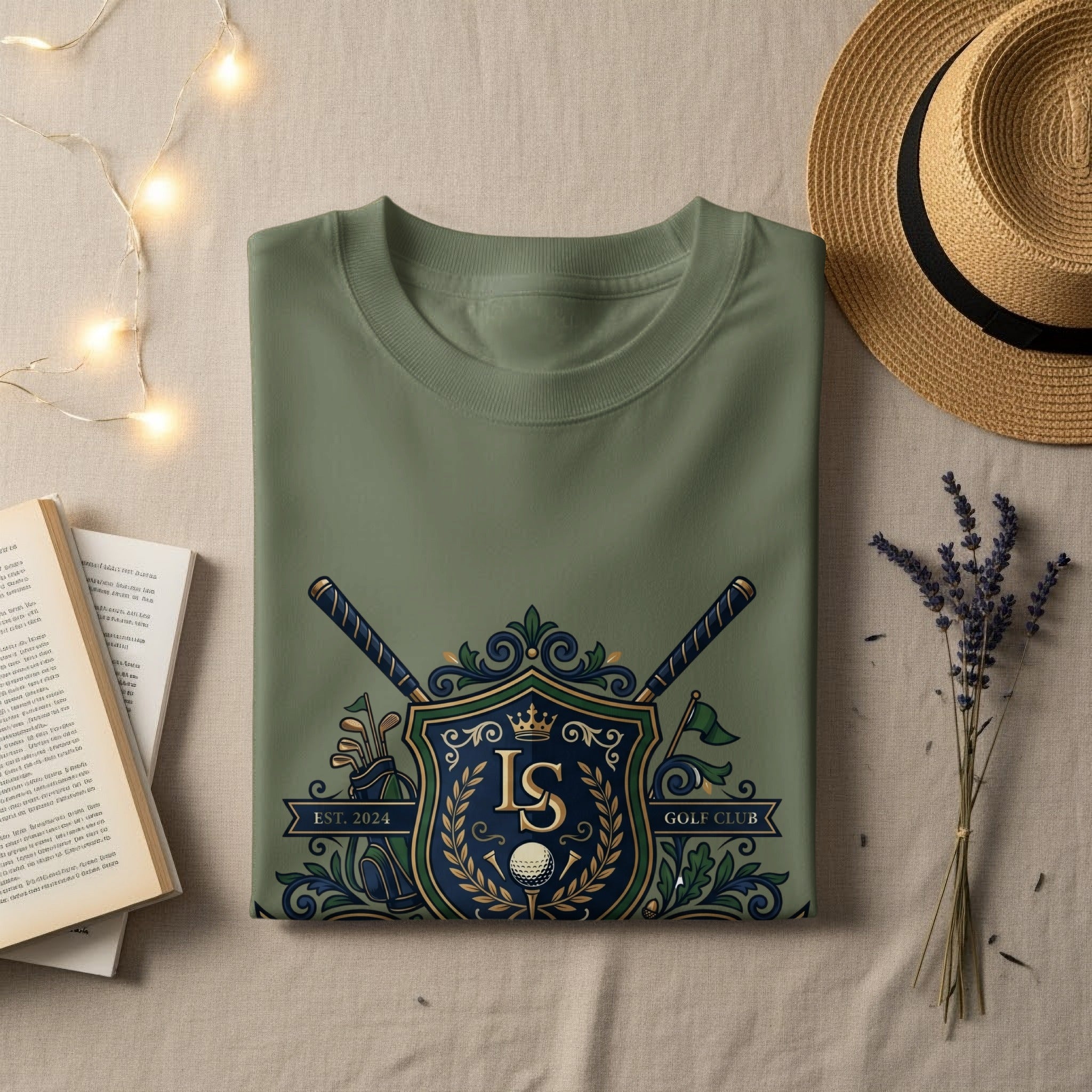Green t-shirt with "IS GOLF CLUB EST. 2024" crest and crossed golf clubs.