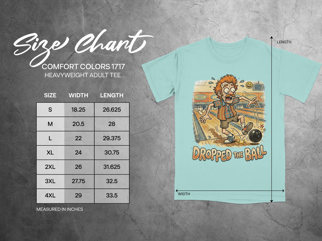 Size chart for Comfort Colors 1717 heavyweight adult tee.