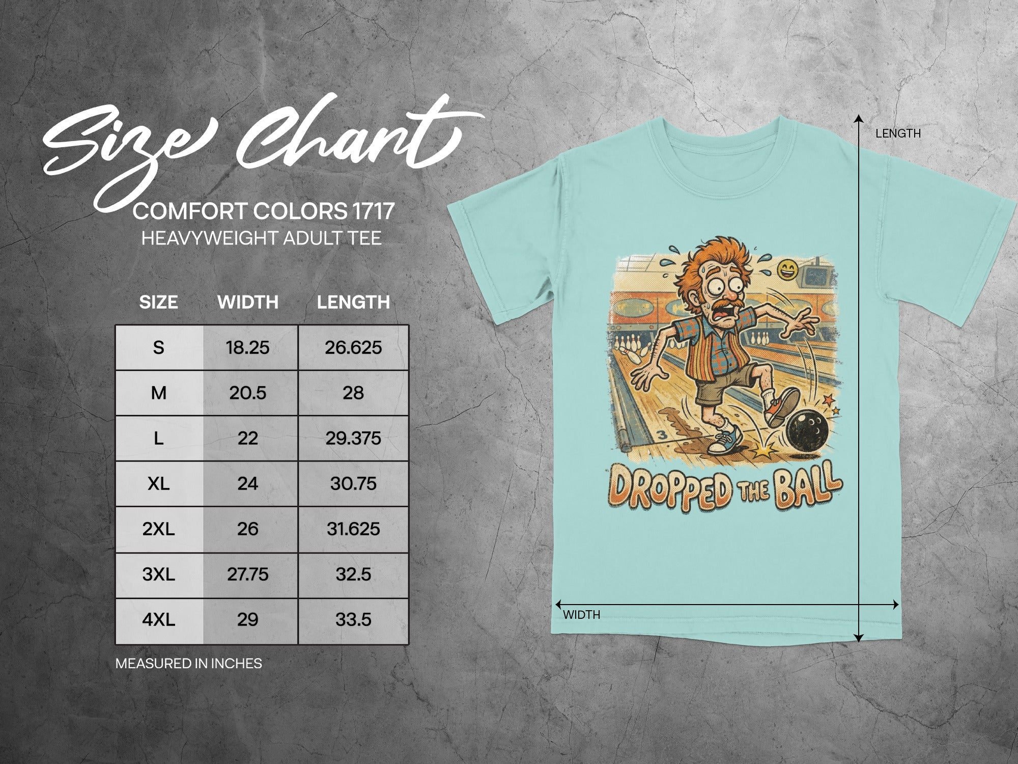 Size chart for Comfort Colors 1717 heavyweight adult tee.