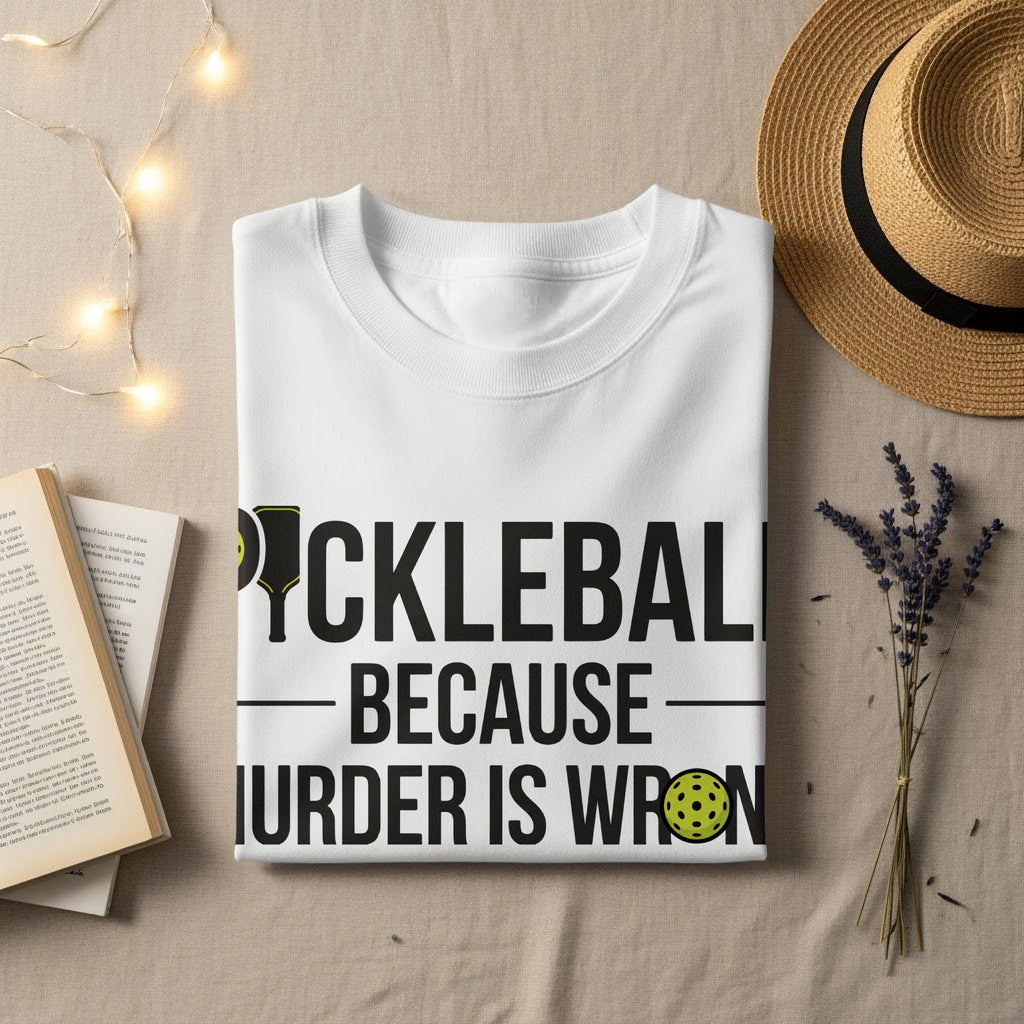 White t-shirt with "PICKLEBALL - BECAUSE MURDER IS WRONG" text.