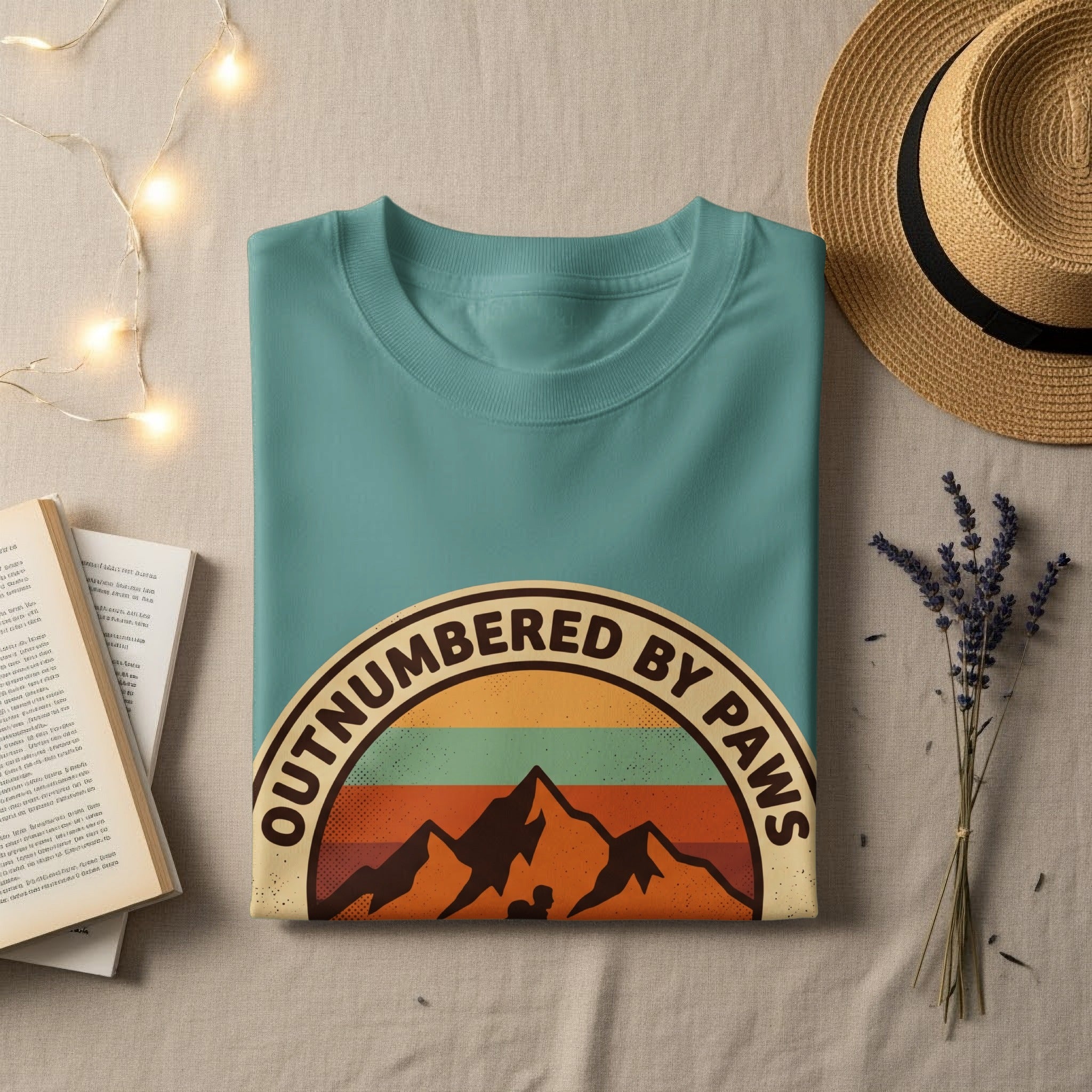 T-shirt with "OUTNUMBERED BY PAWS" text and mountain graphic.
