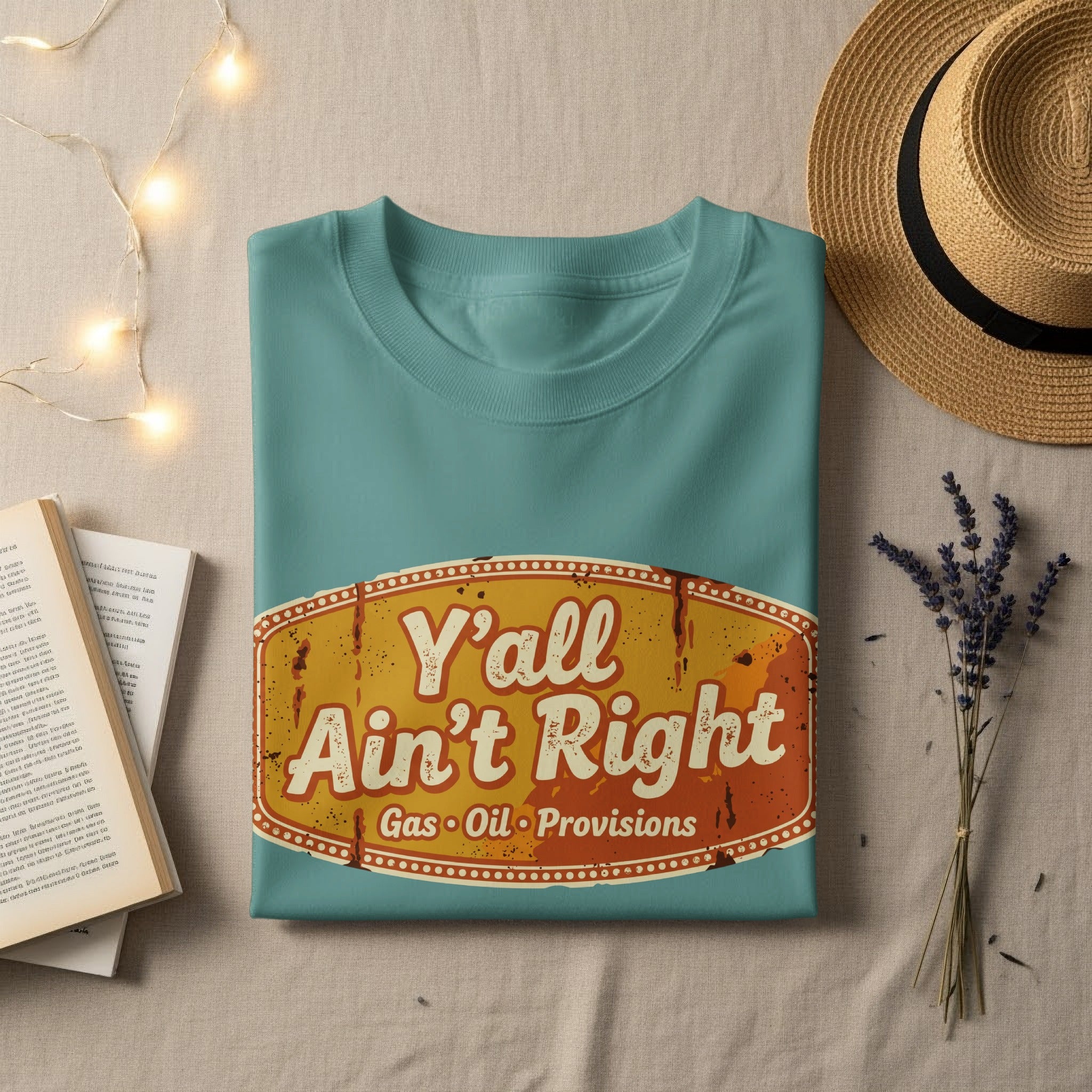 Teal t-shirt with distressed "Y'all Ain't Right Gas Oil Provisions" text.