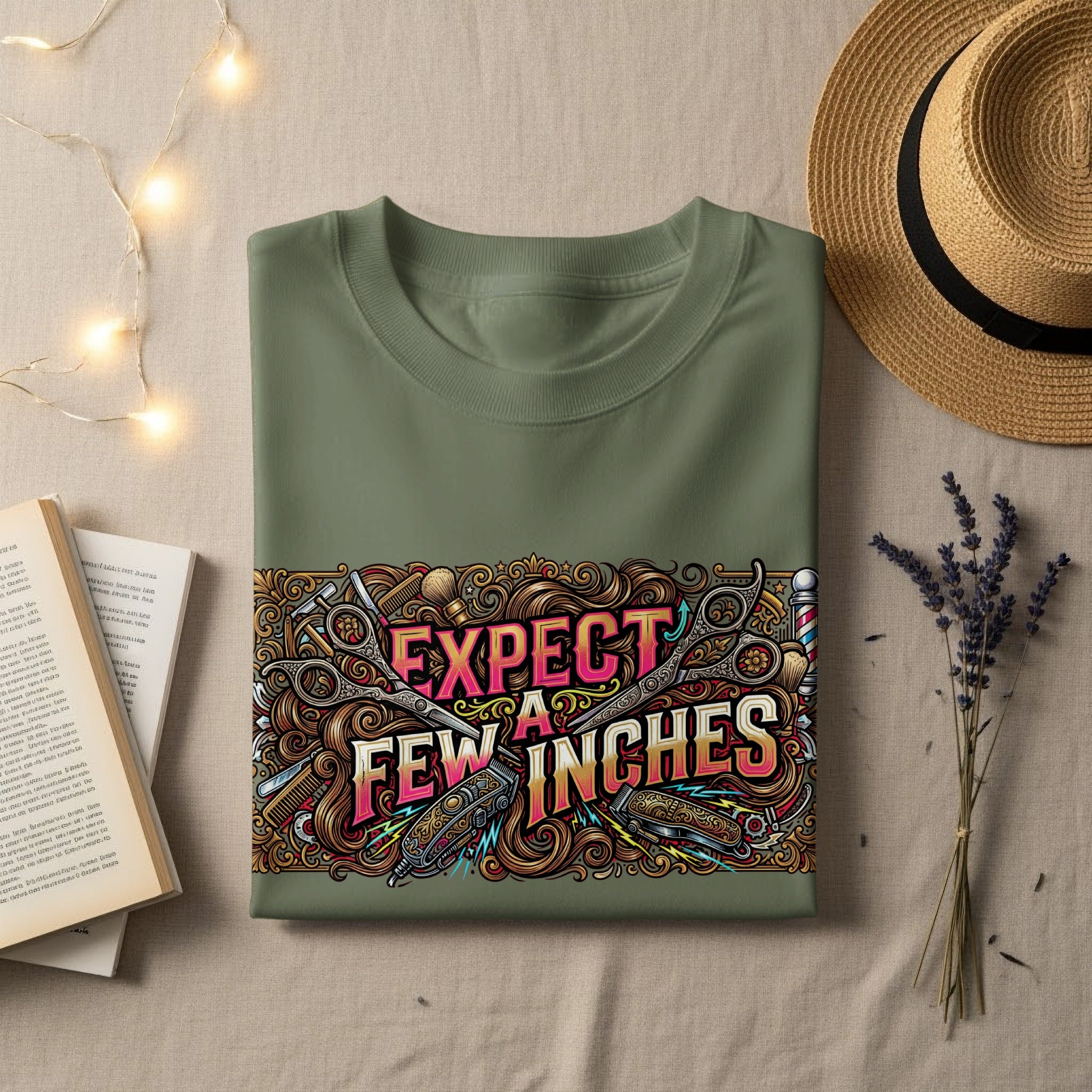 Olive green t-shirt with colorful "EXPECT FEW INCHES" text and barber tools graphic.