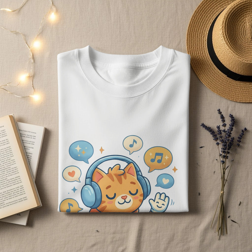 White t-shirt with orange cat wearing headphones and musical notes.