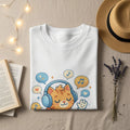 White t-shirt with orange cat wearing headphones and musical notes.