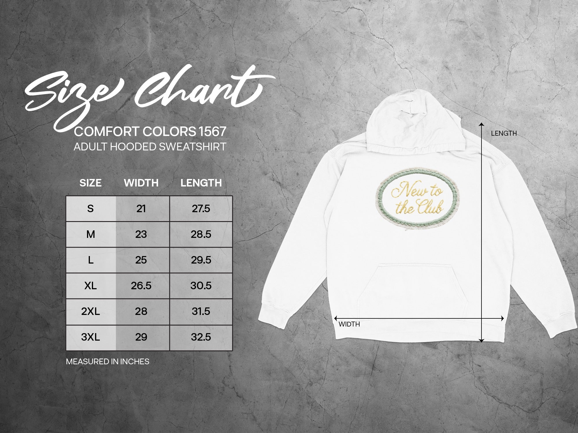 Comfort Colors 1567 adult hooded sweatshirt size chart showing width and length in inches.
