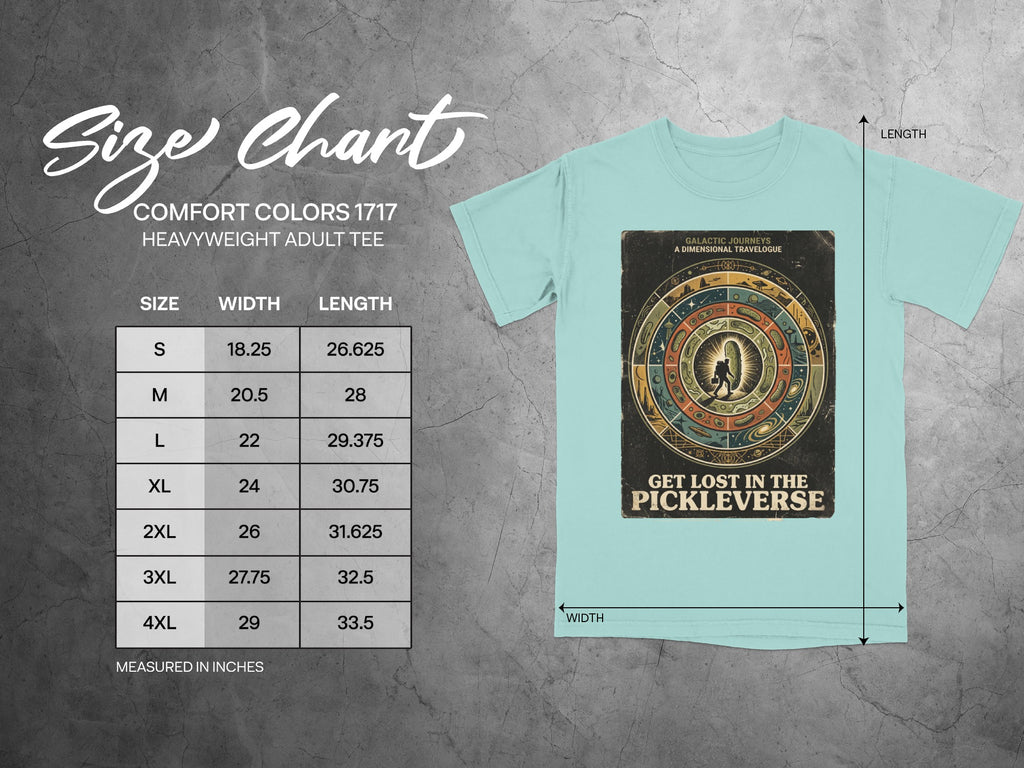 Comfort Colors heavyweight adult tee size chart with t-shirt graphic.