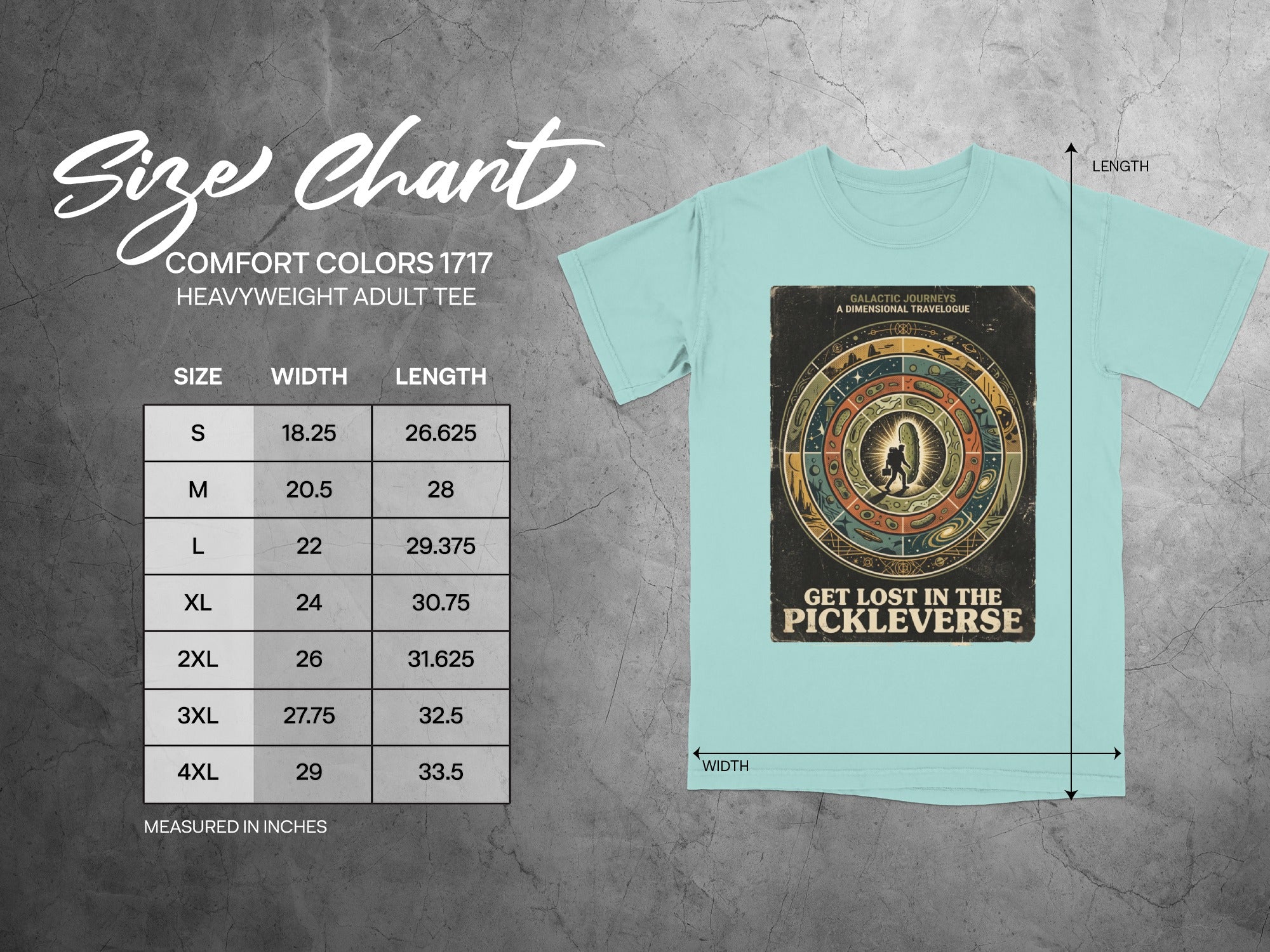 Comfort Colors heavyweight adult tee size chart with t-shirt graphic.